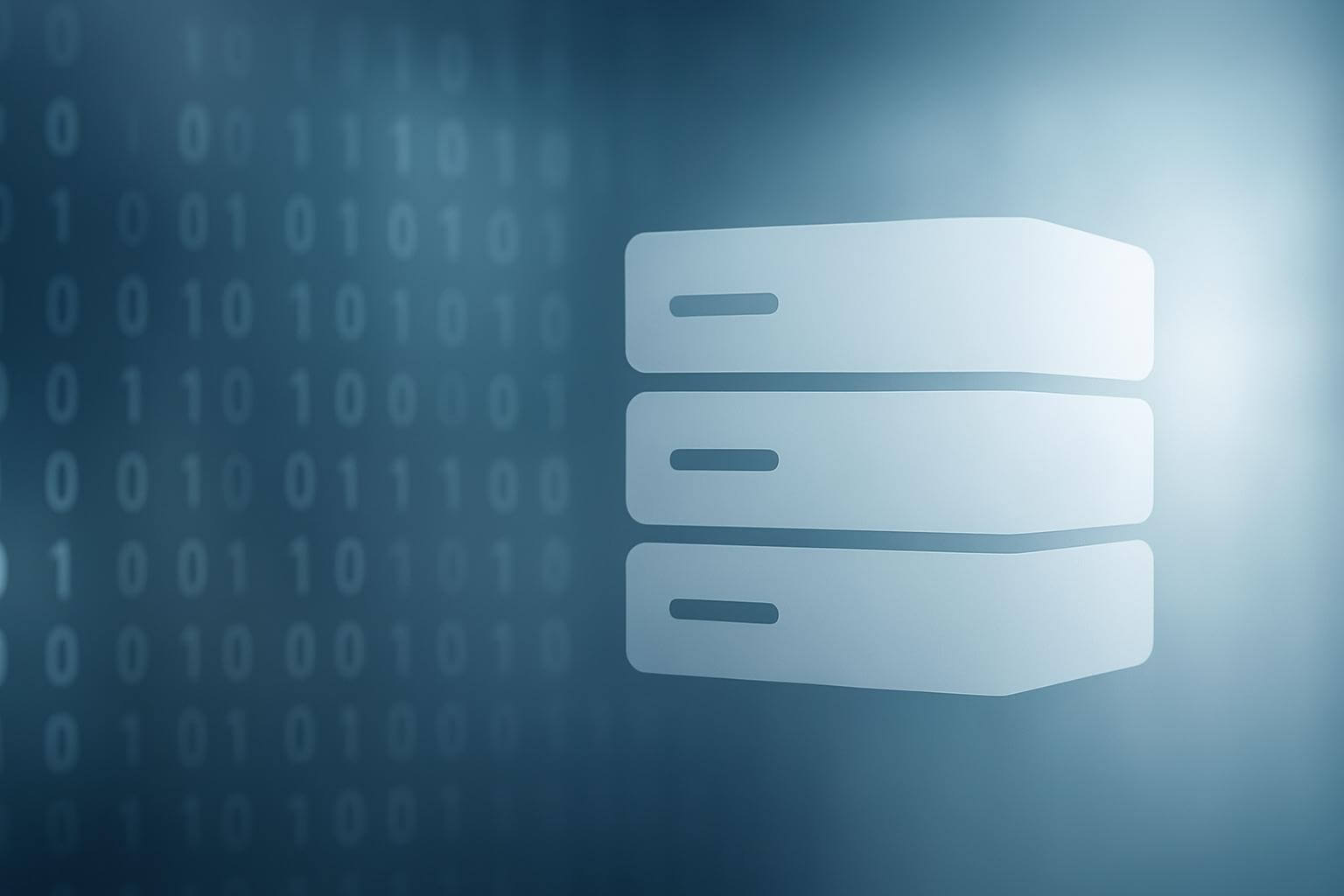 A stylized icon of three stacked rectangles appears over a blue background with binary numbers.