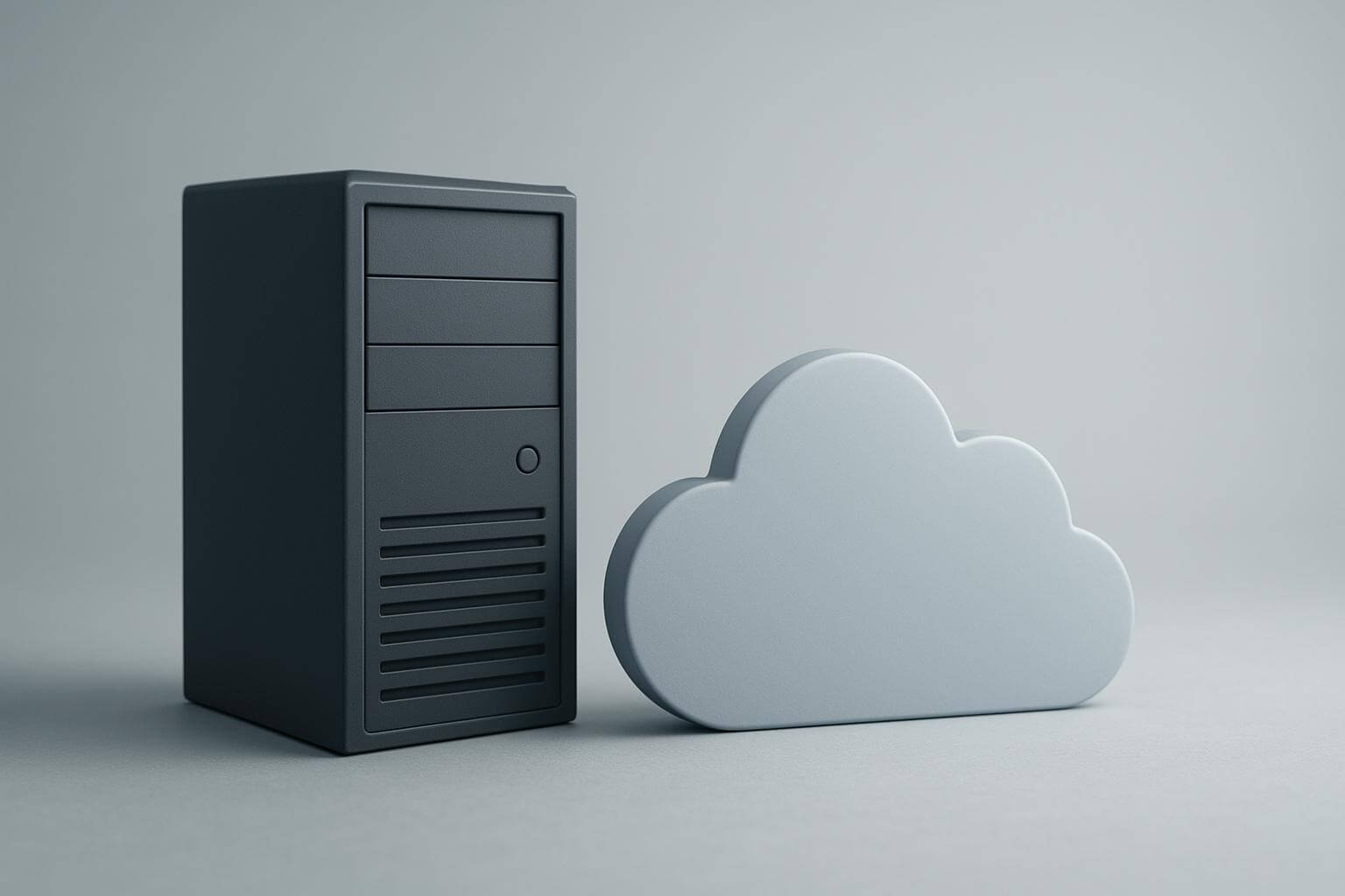 A dark rectangular computer tower stands next to a light gray cloud-shaped object on a plain background.
