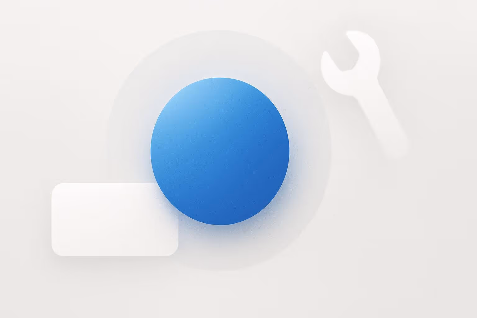 A large blue circle overlaps a white rectangle and a translucent wrench shape on a light background.