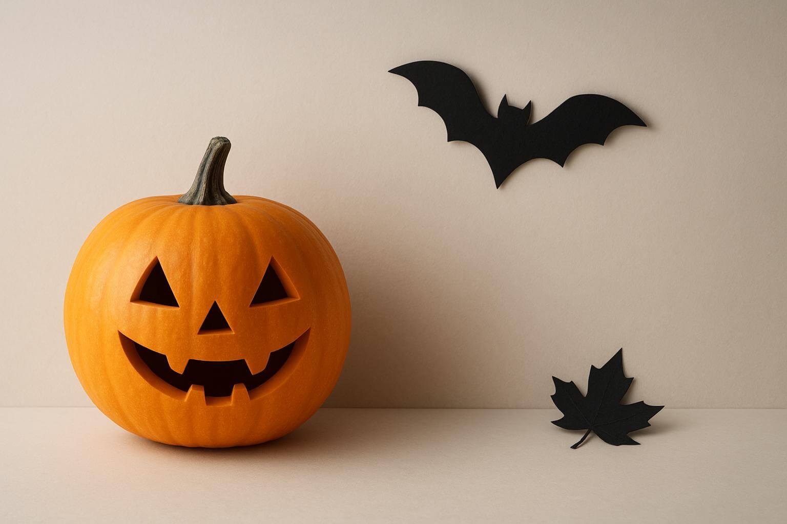 A carved pumpkin with a smiling face sits beside black paper cutouts of a bat and a maple leaf on a plain surface.