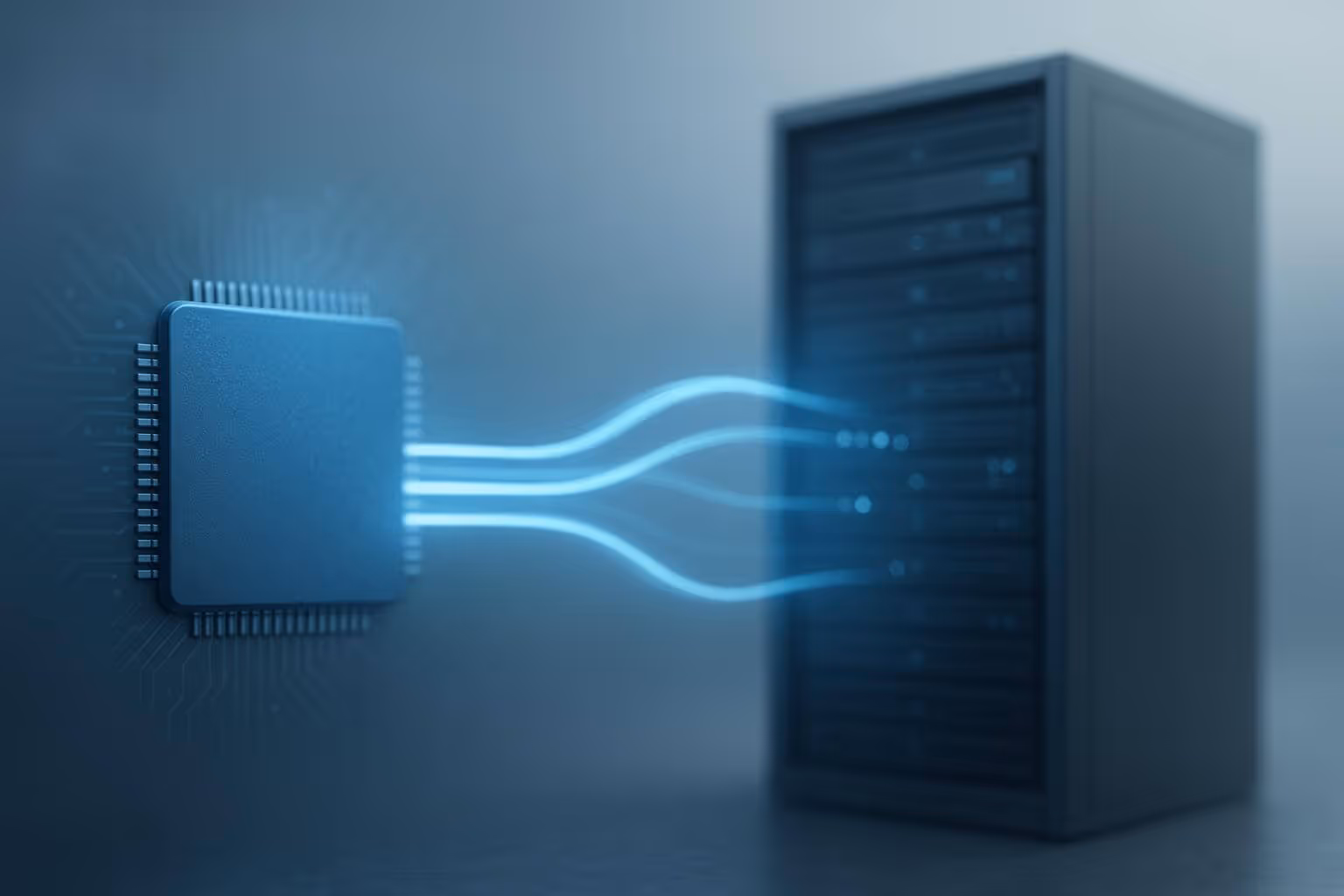 A computer chip with glowing lines connects to a dark, blurred server rack in a blue-toned setting.