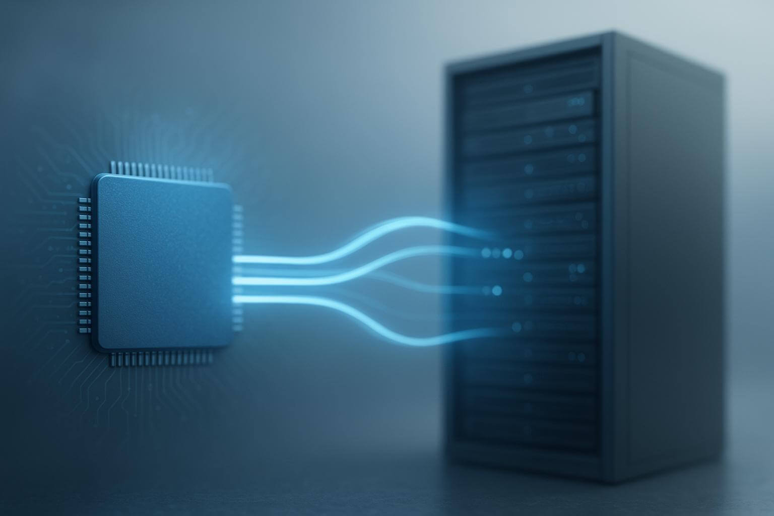 A computer chip with glowing lines connects to a dark, blurred server rack in a blue-toned setting.