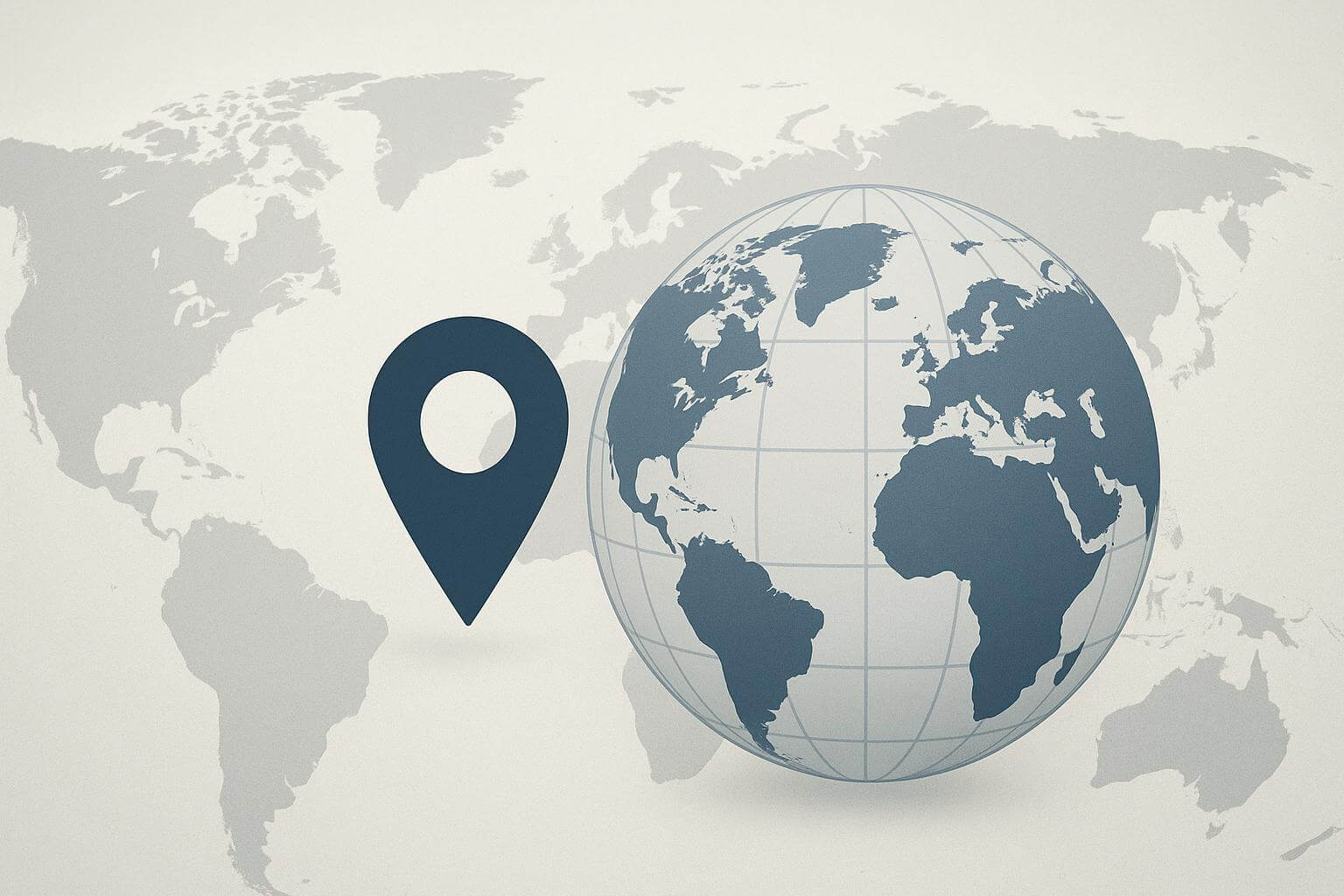 A dark location pin and a globe with outlined continents appear in front of a faint world map.