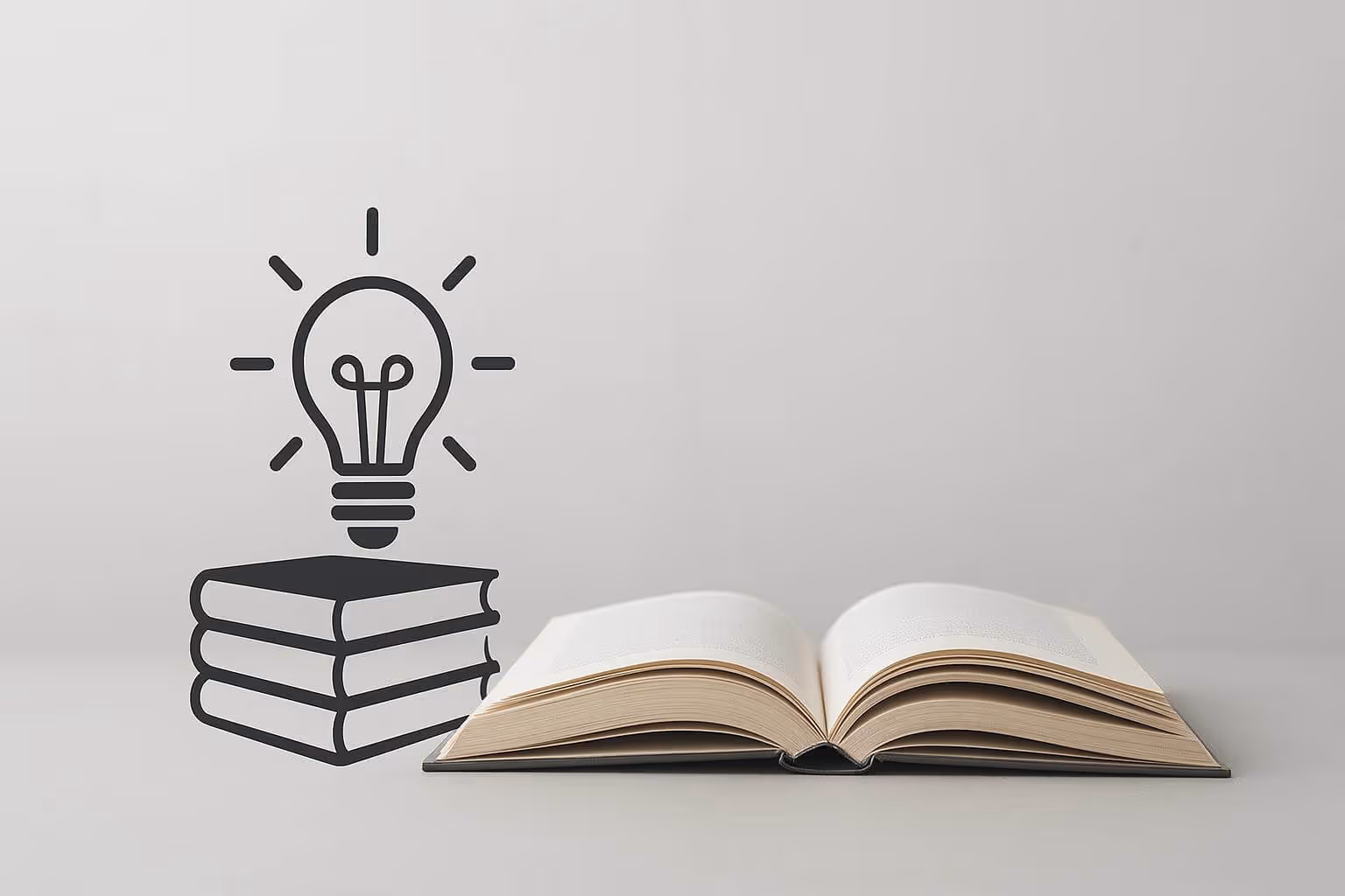 An open book rests on a surface with an illustration of stacked books and a light bulb on a plain background.