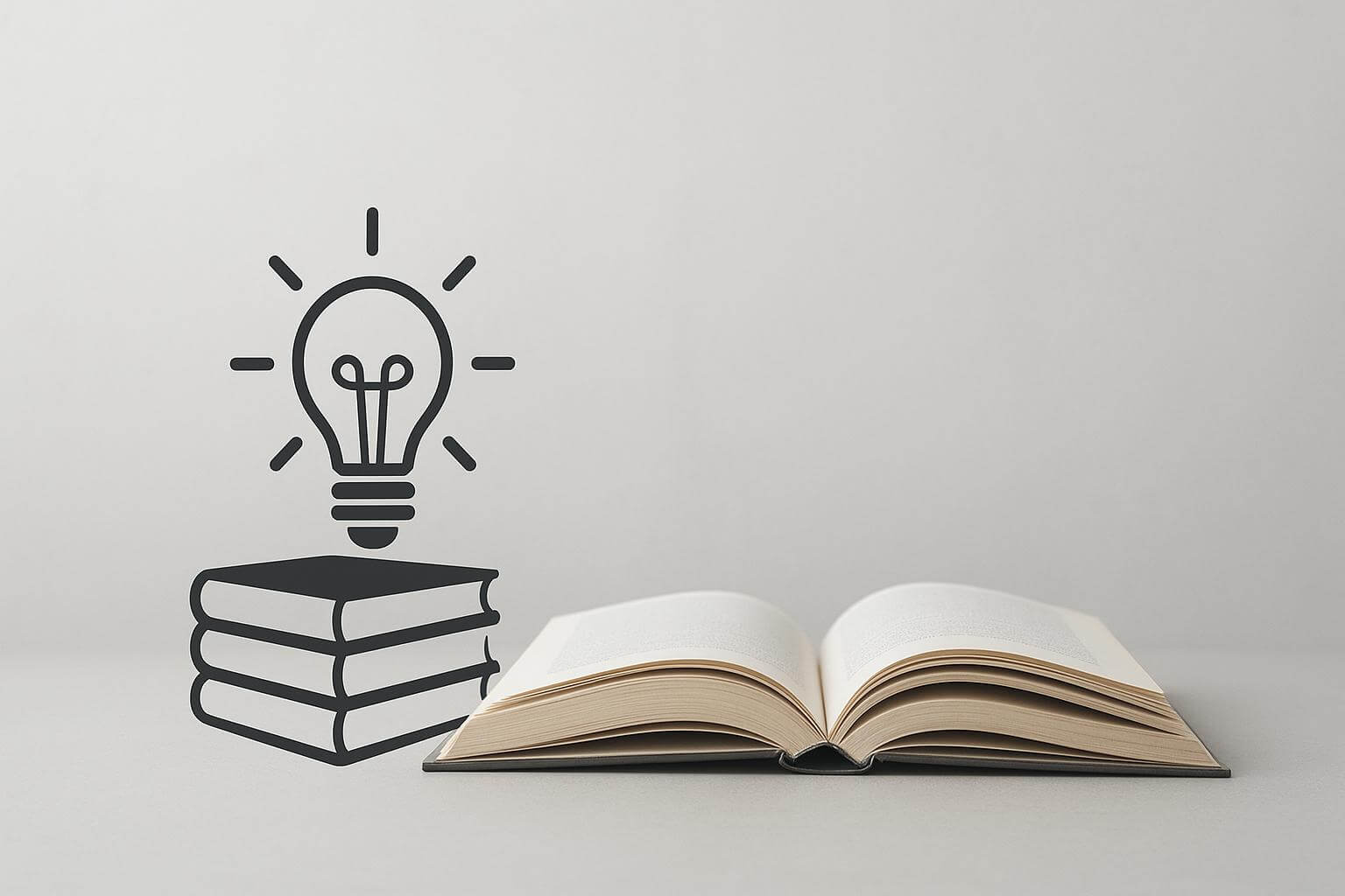 An open book rests on a surface with an illustration of stacked books and a light bulb on a plain background.