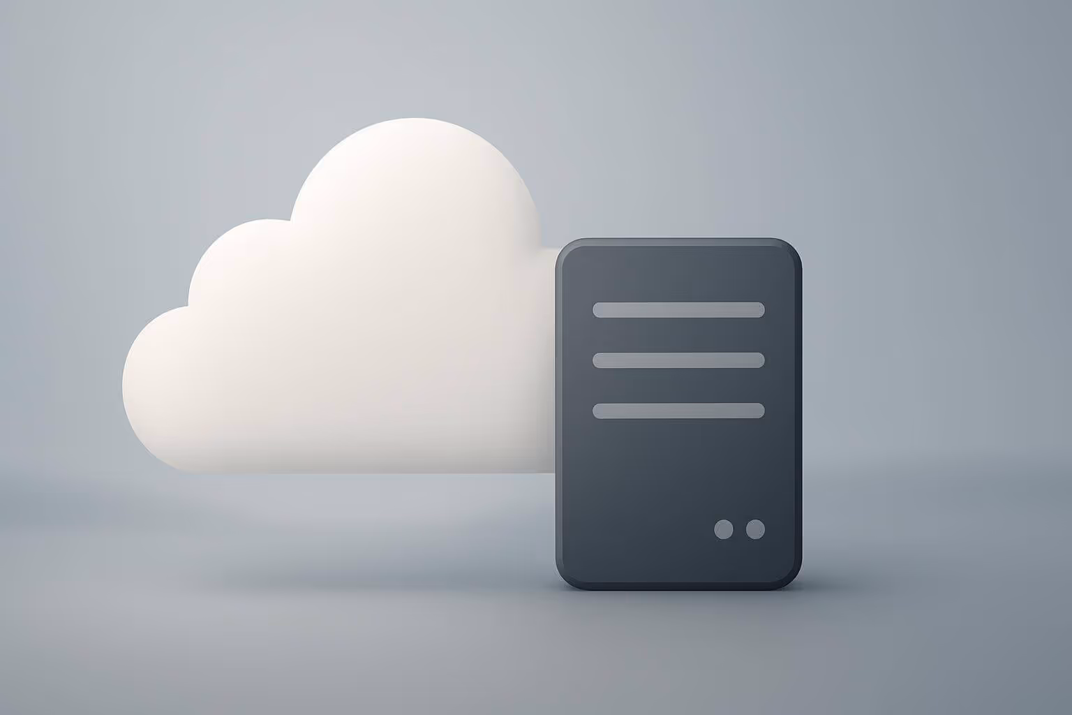 A large white cloud shape stands next to a dark gray rectangular object with lines and dots on a light gray background.