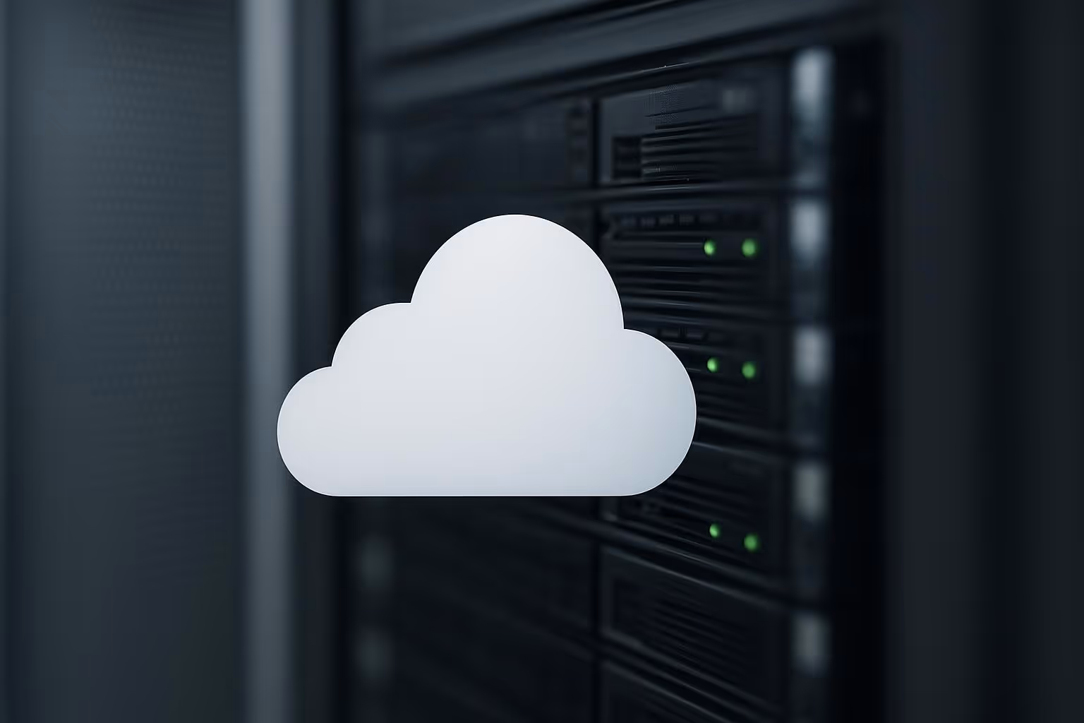A white cloud icon is overlaid on a blurred view of server racks with green indicator lights.