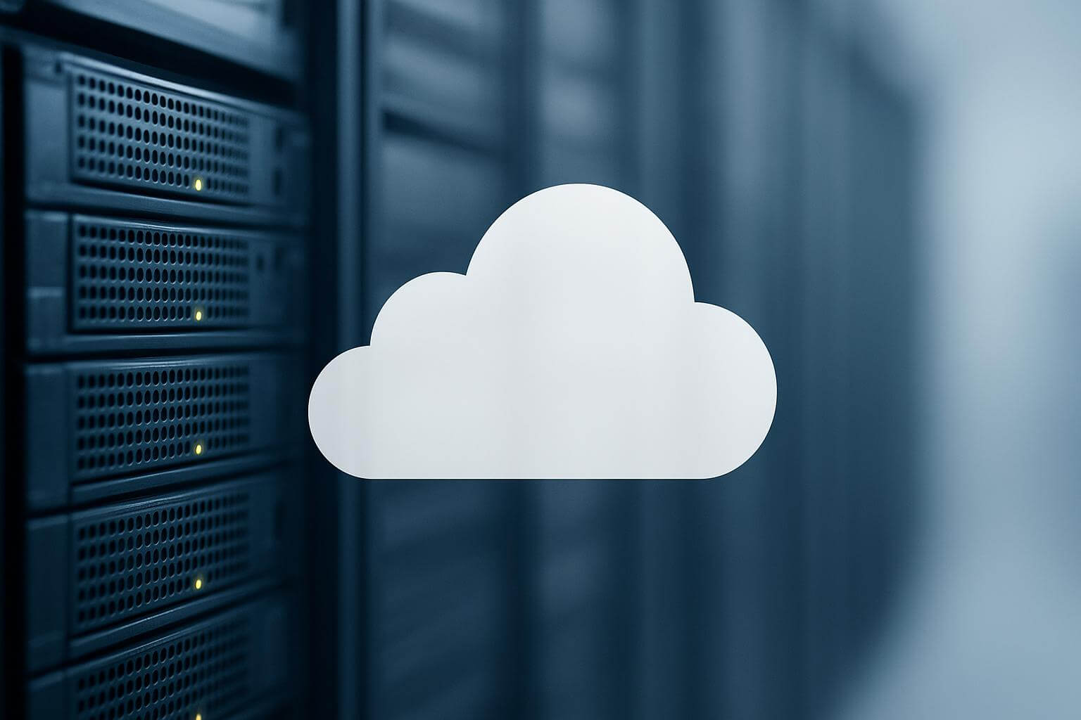 A white cloud icon is overlaid on a blurred view of server racks with small yellow lights.