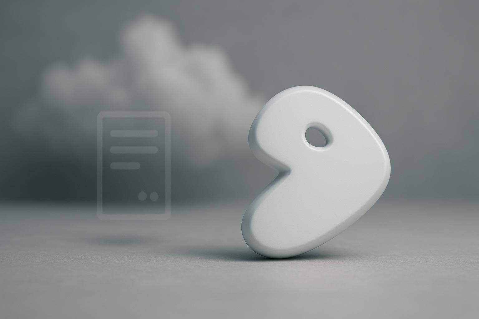 A smooth, white, abstract shape with a hole stands upright on a grey surface with a blurred background.