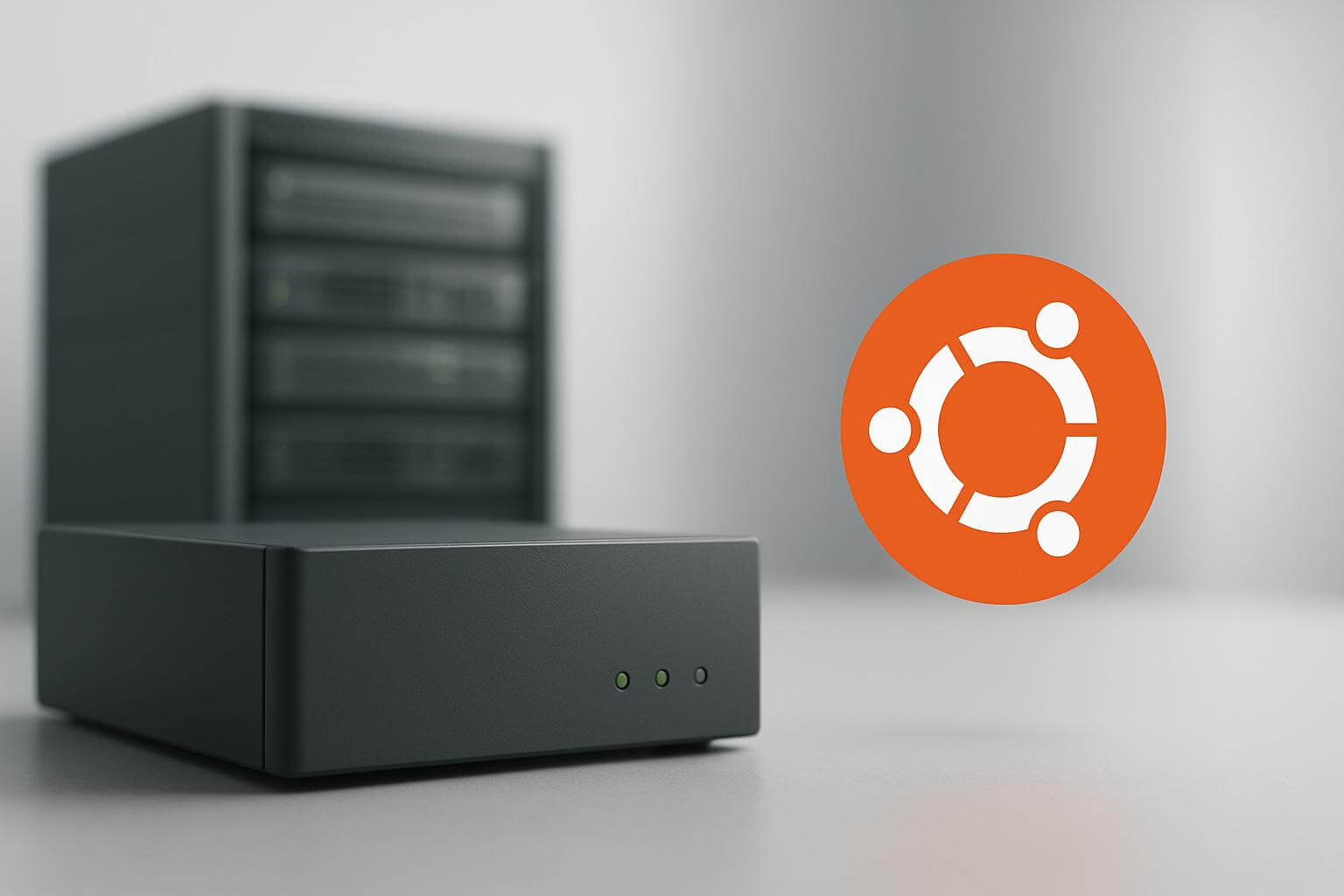 A dark server device with indicator lights is on a surface beside an orange and white circular symbol.
