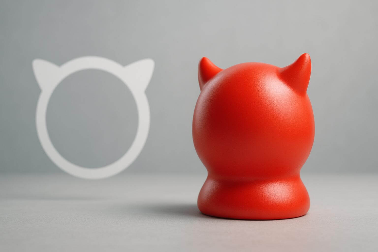 A red figure with two pointed ears is seen from behind, facing a white outline of a similar shape.