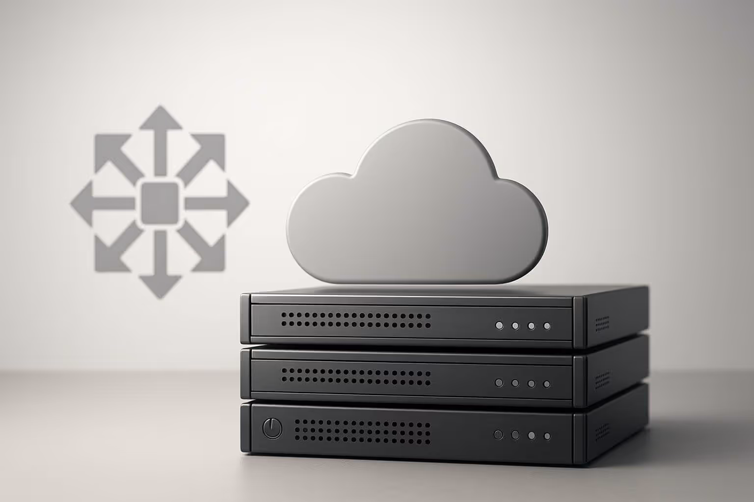 A gray cloud-shaped object sits on top of three stacked black electronic devices with a geometric symbol on the wall.