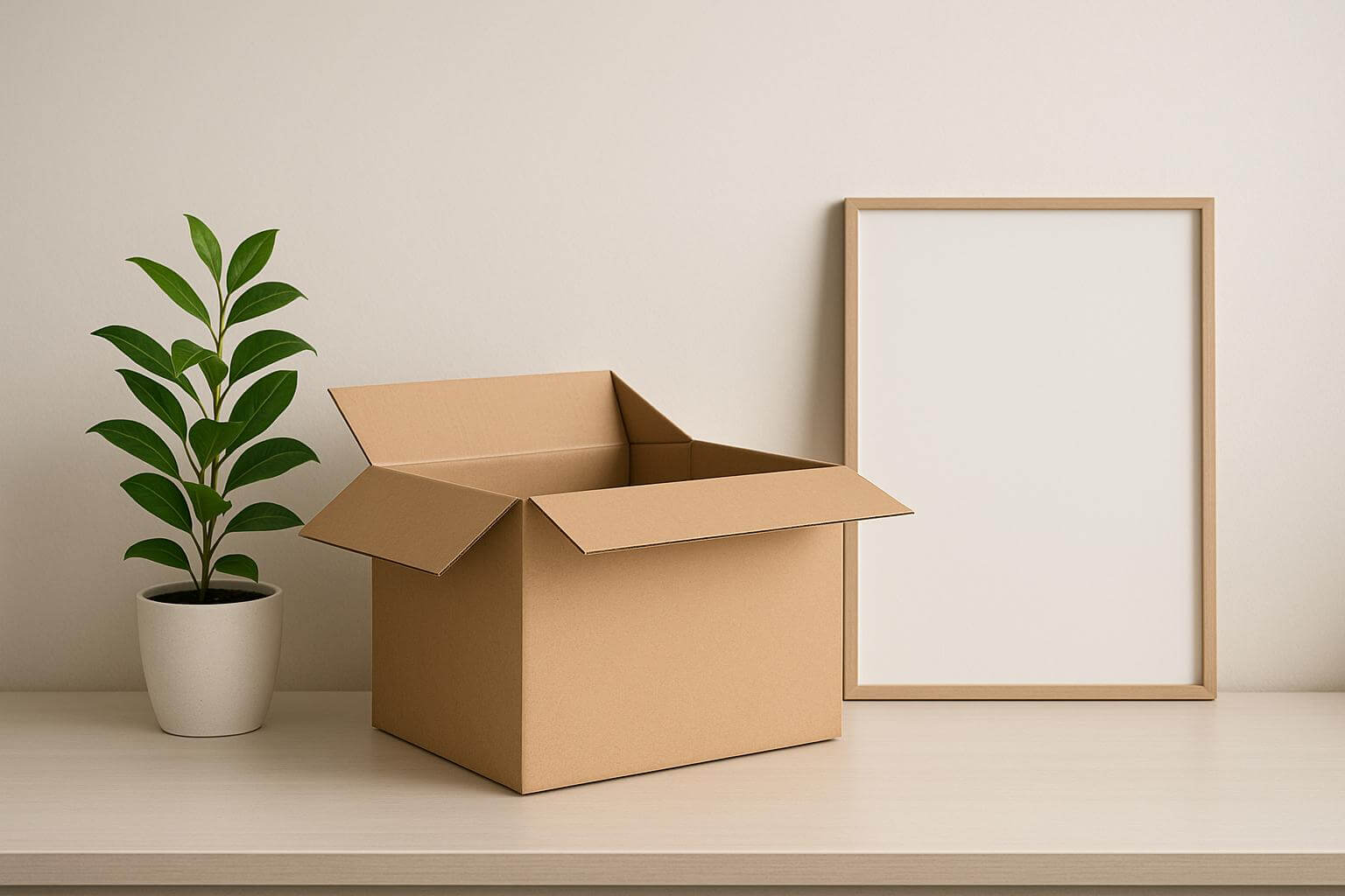 A potted plant, an open cardboard box, and an empty picture frame sit on a light-colored table.