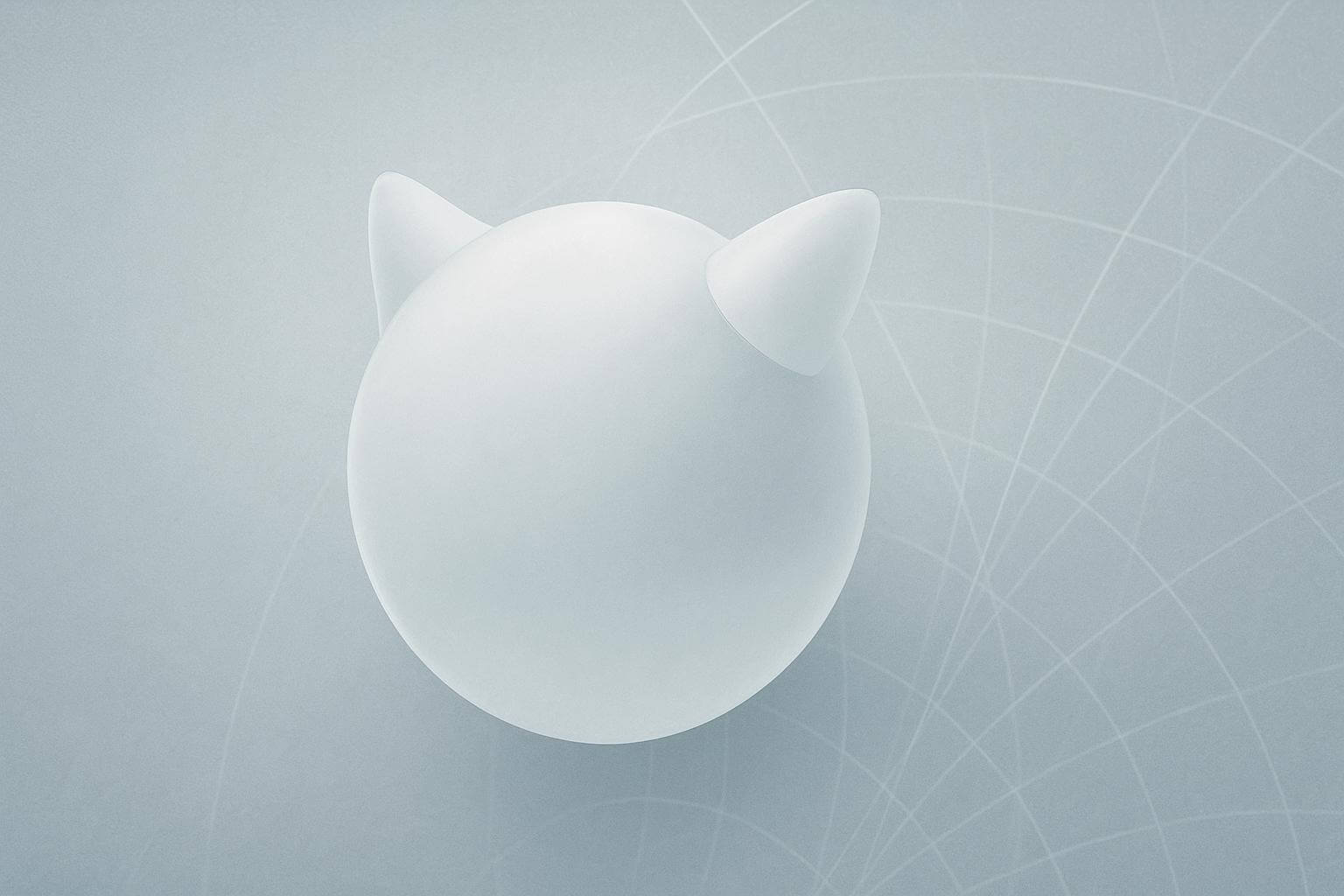 A smooth, white sphere with two pointed ear-like shapes sits on a light gray background with curved lines.