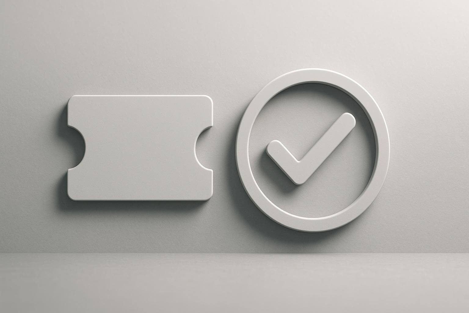 A flat, gray ticket shape sits next to a circular checkmark symbol on a plain, light background.