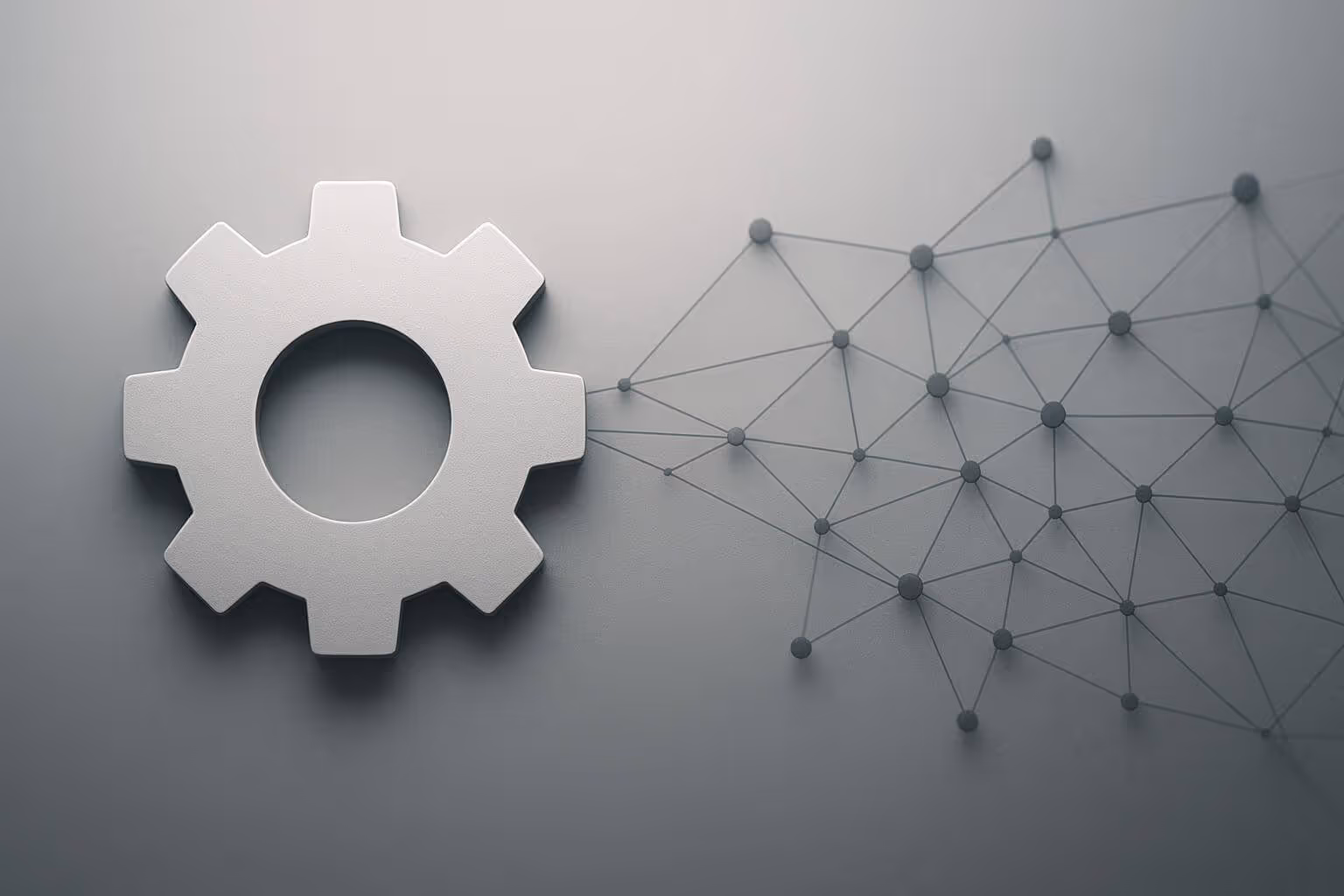 A large gray gear shape on the left connects to a network of interconnected dots and lines on the right.