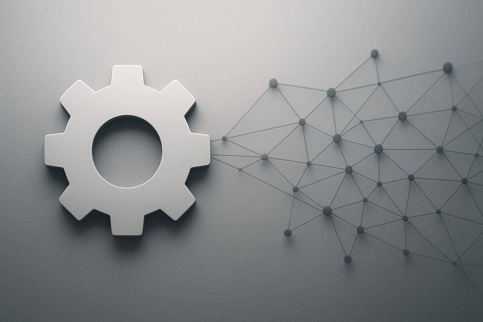 A large gray gear shape on the left connects to a network of interconnected dots and lines on the right.