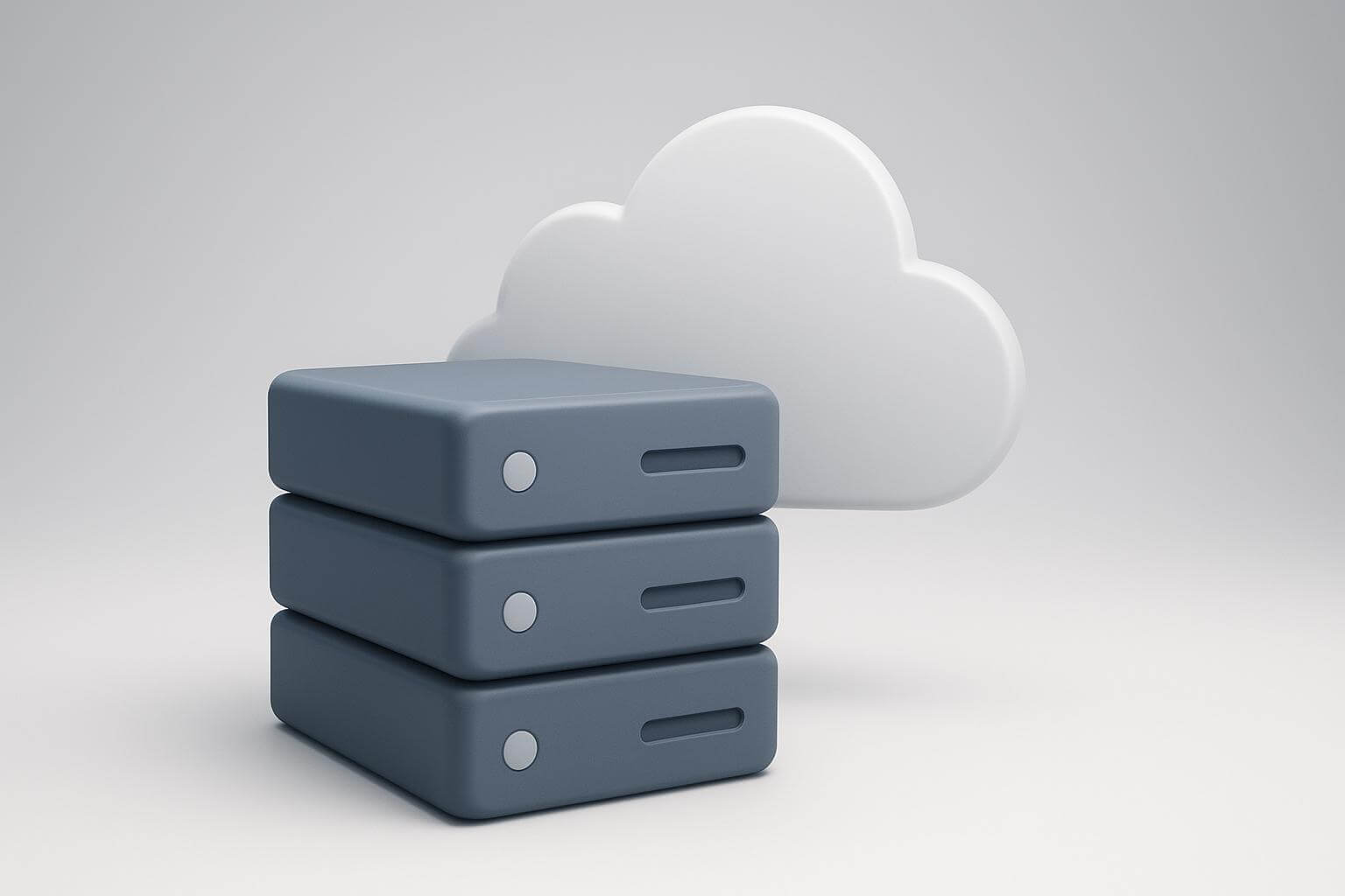 A stack of three gray server-like boxes is shown in front of a large white cloud shape on a light background.
