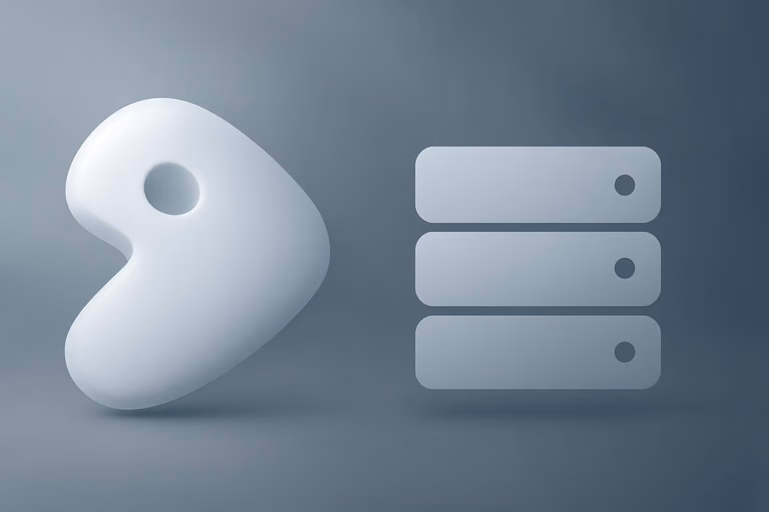 A white abstract shape with a circular cutout sits beside three horizontal rounded rectangles with dots on the right.