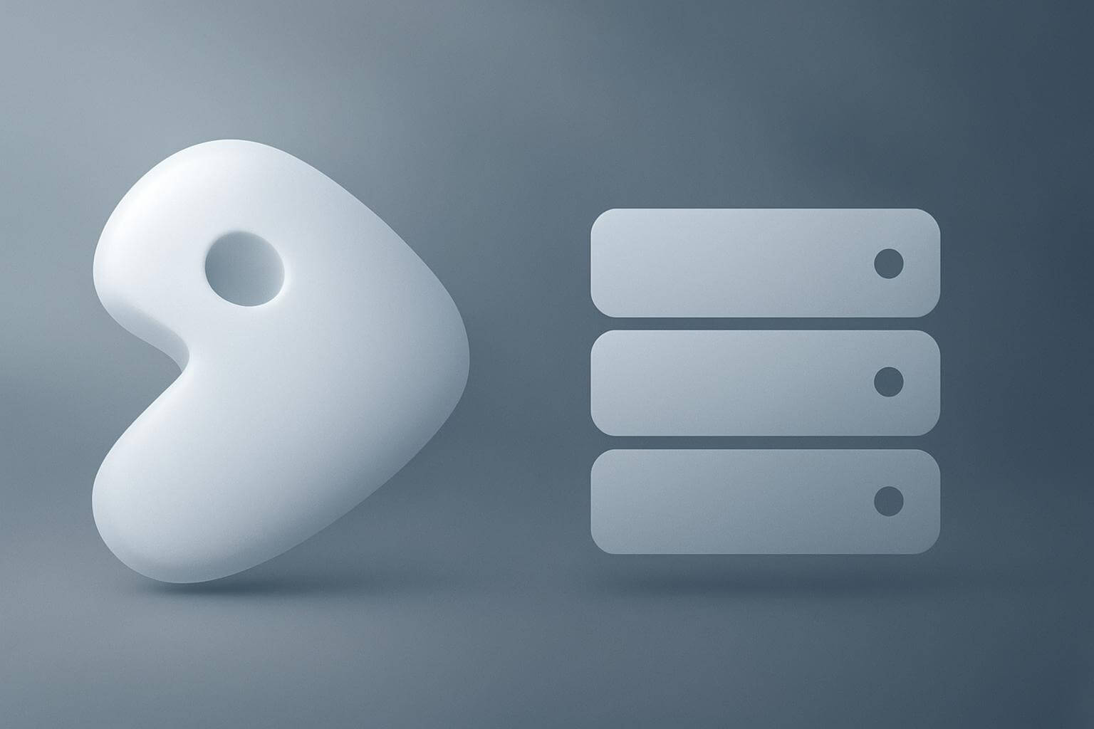 A white abstract shape with a circular cutout sits beside three horizontal rounded rectangles with dots on the right.