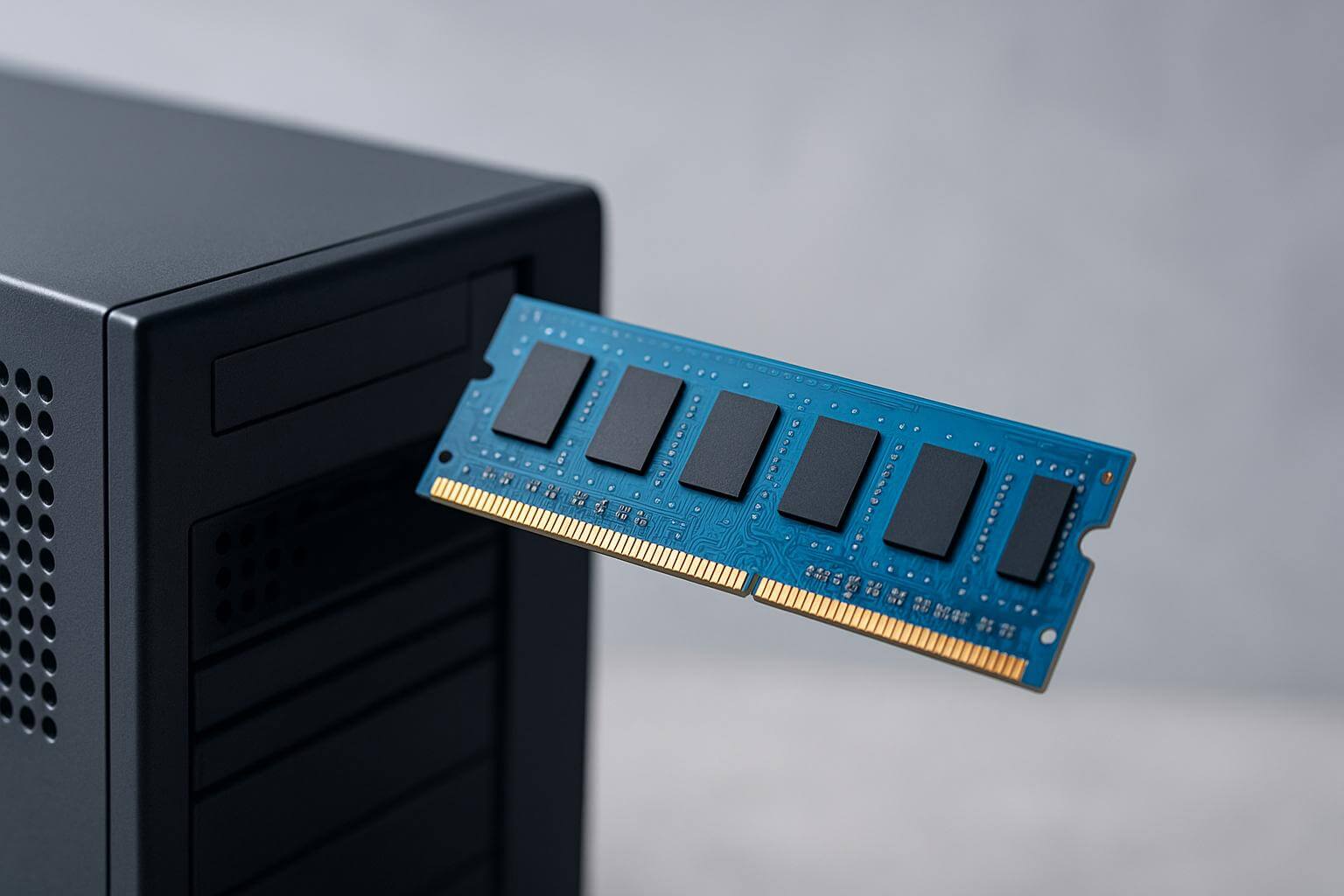 A blue computer memory module is held next to the front of a black computer tower.