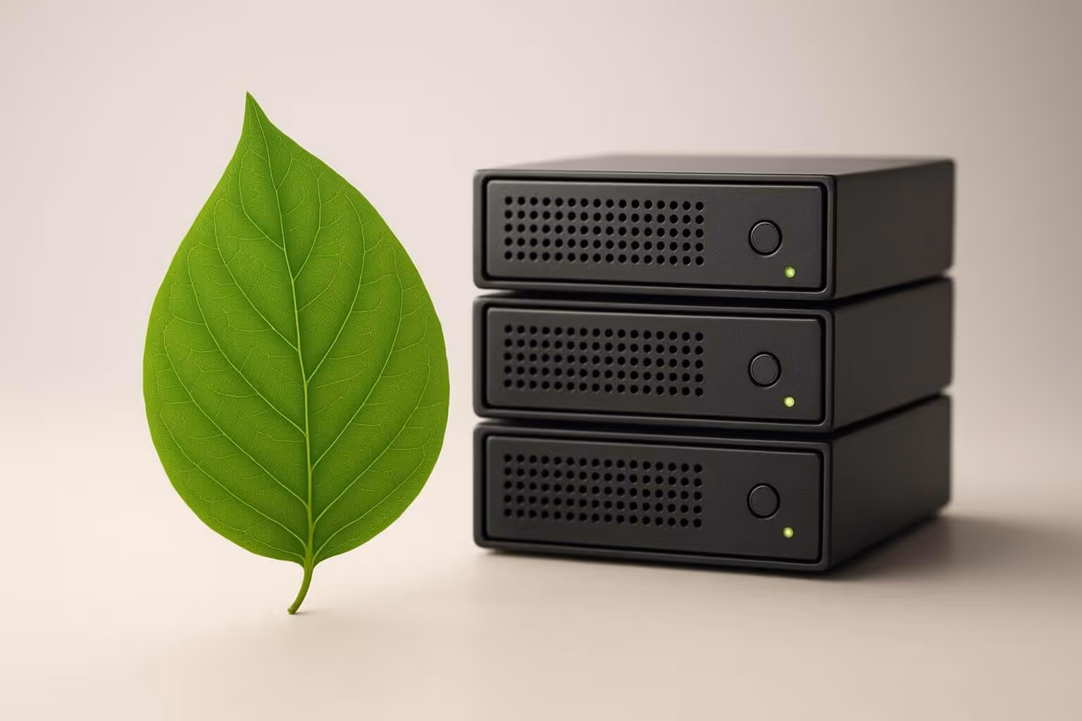 A large green leaf stands next to a stack of three black electronic devices with green indicator lights.