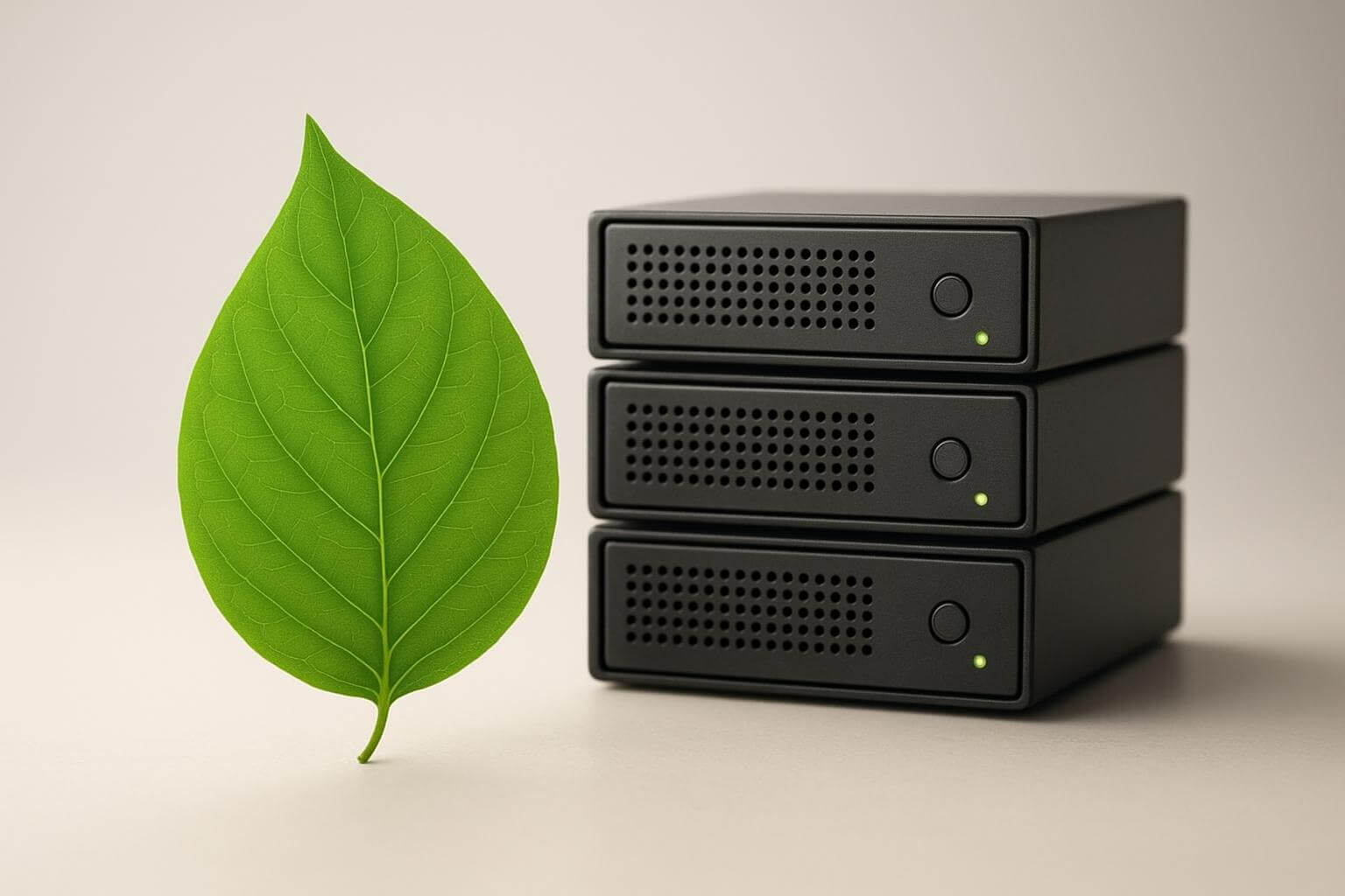A large green leaf stands next to a stack of three black electronic devices with green indicator lights.