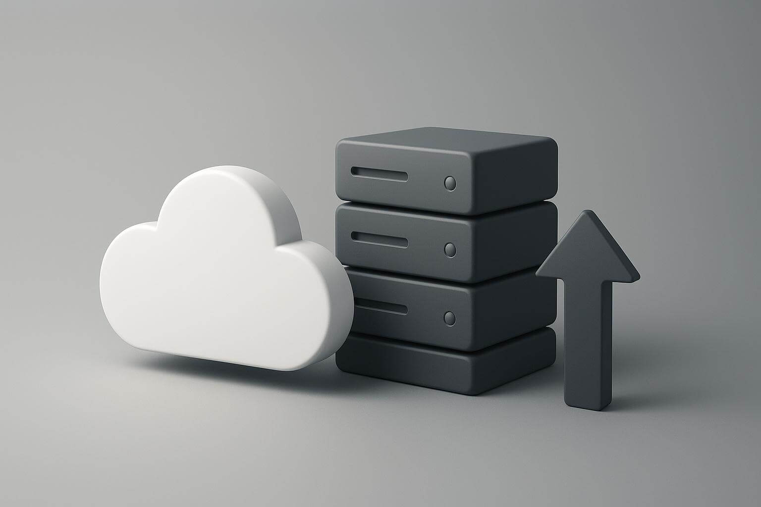 A white cloud, three dark stacked server-like blocks, and a dark upward-pointing arrow on a gray background.