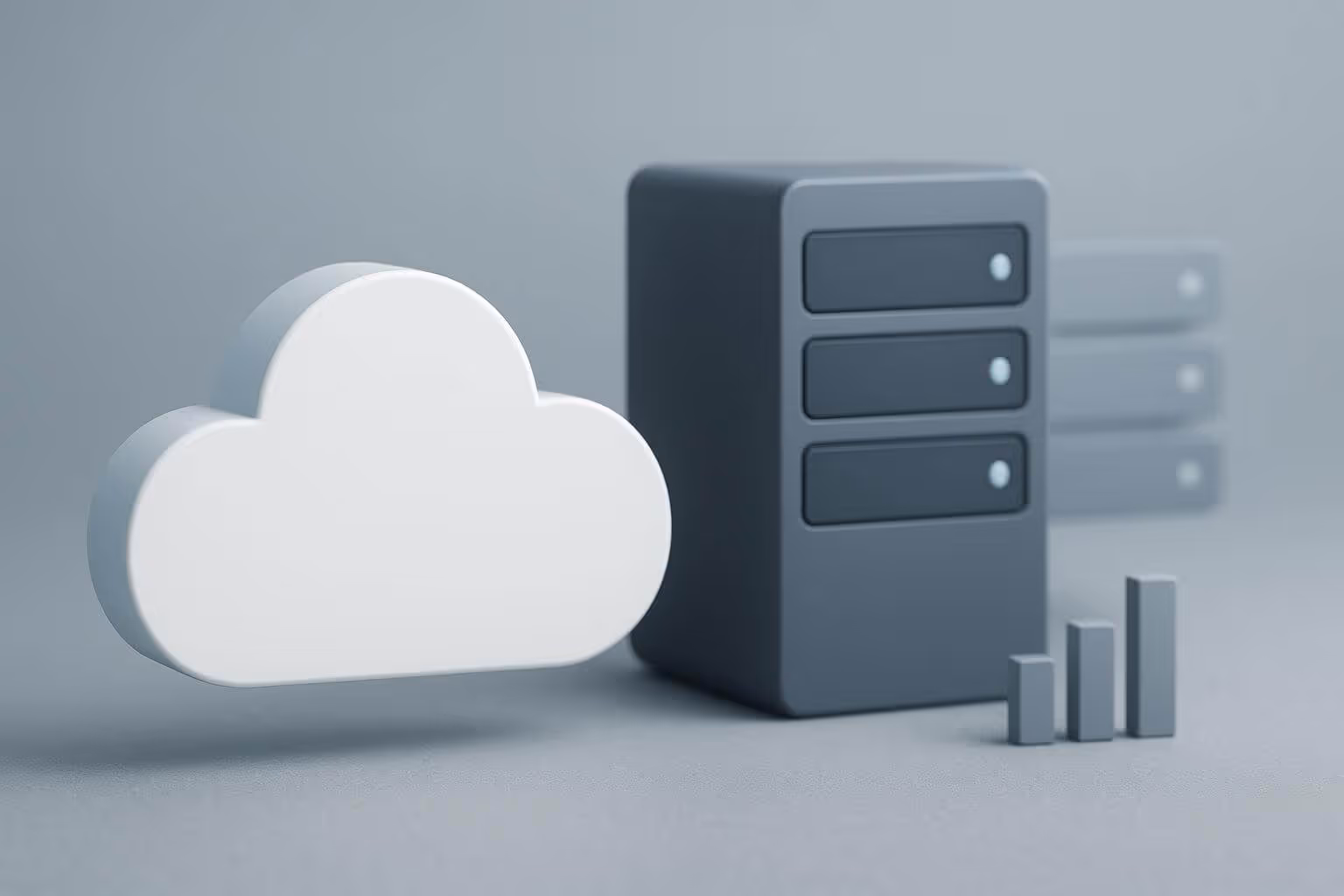 A 3D illustration of a white cloud shape, a grey server tower, and three vertical bars on a plain background.