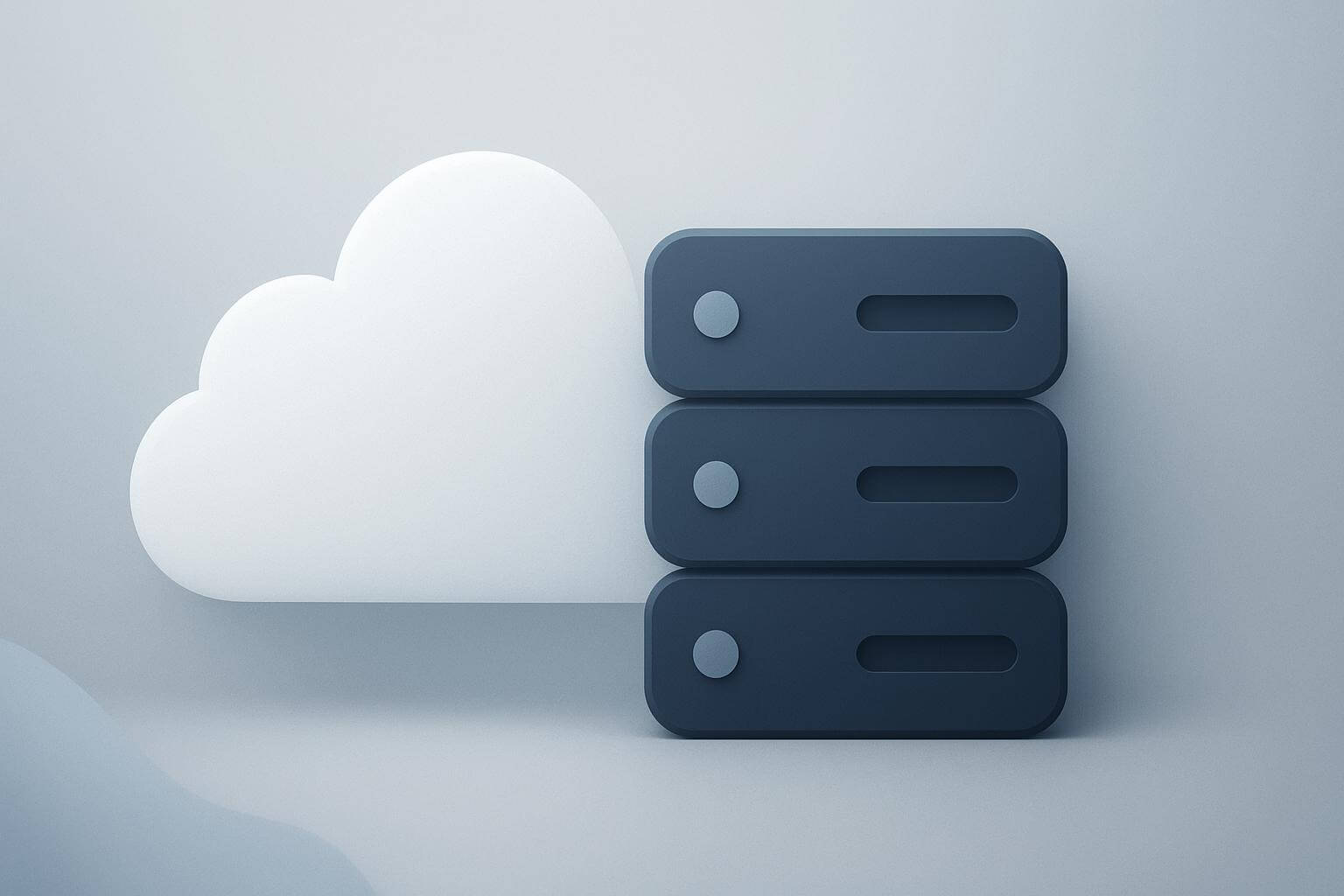 A white cloud shape is positioned behind three dark blue horizontal rectangles resembling server units.