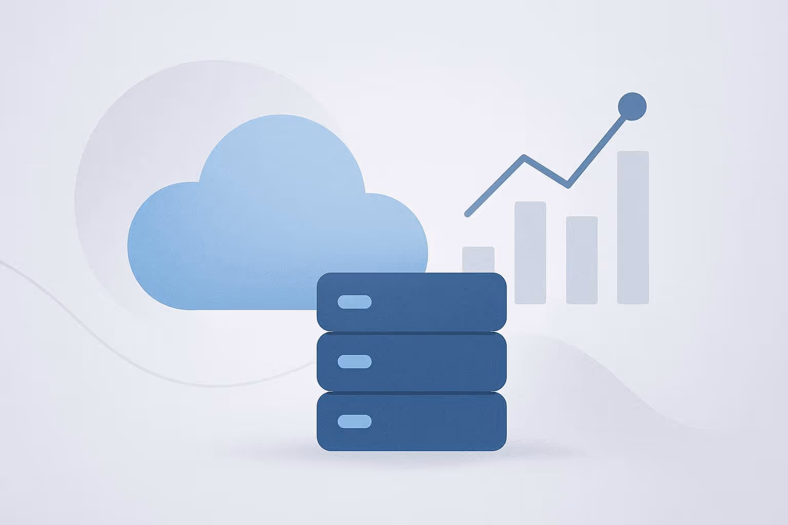 A stylized illustration of a blue cloud, three stacked server units, and a bar graph with a rising trend line.