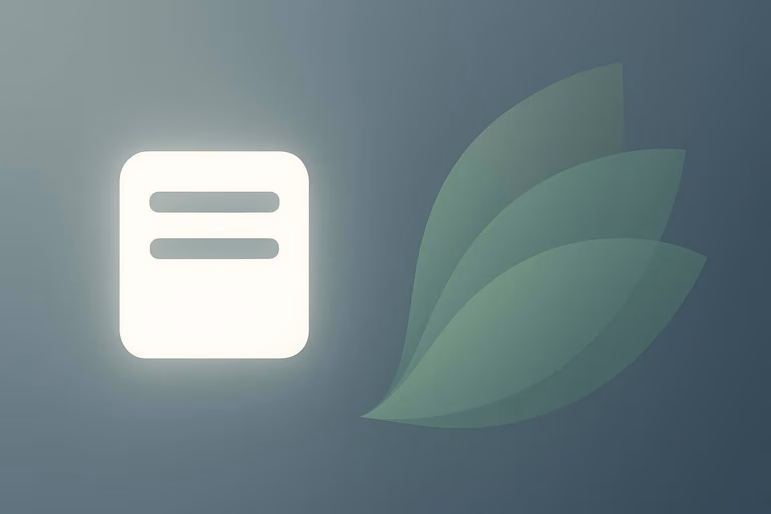 A glowing white rounded square with two horizontal lines beside three overlapping green leaf shapes on a gray background.