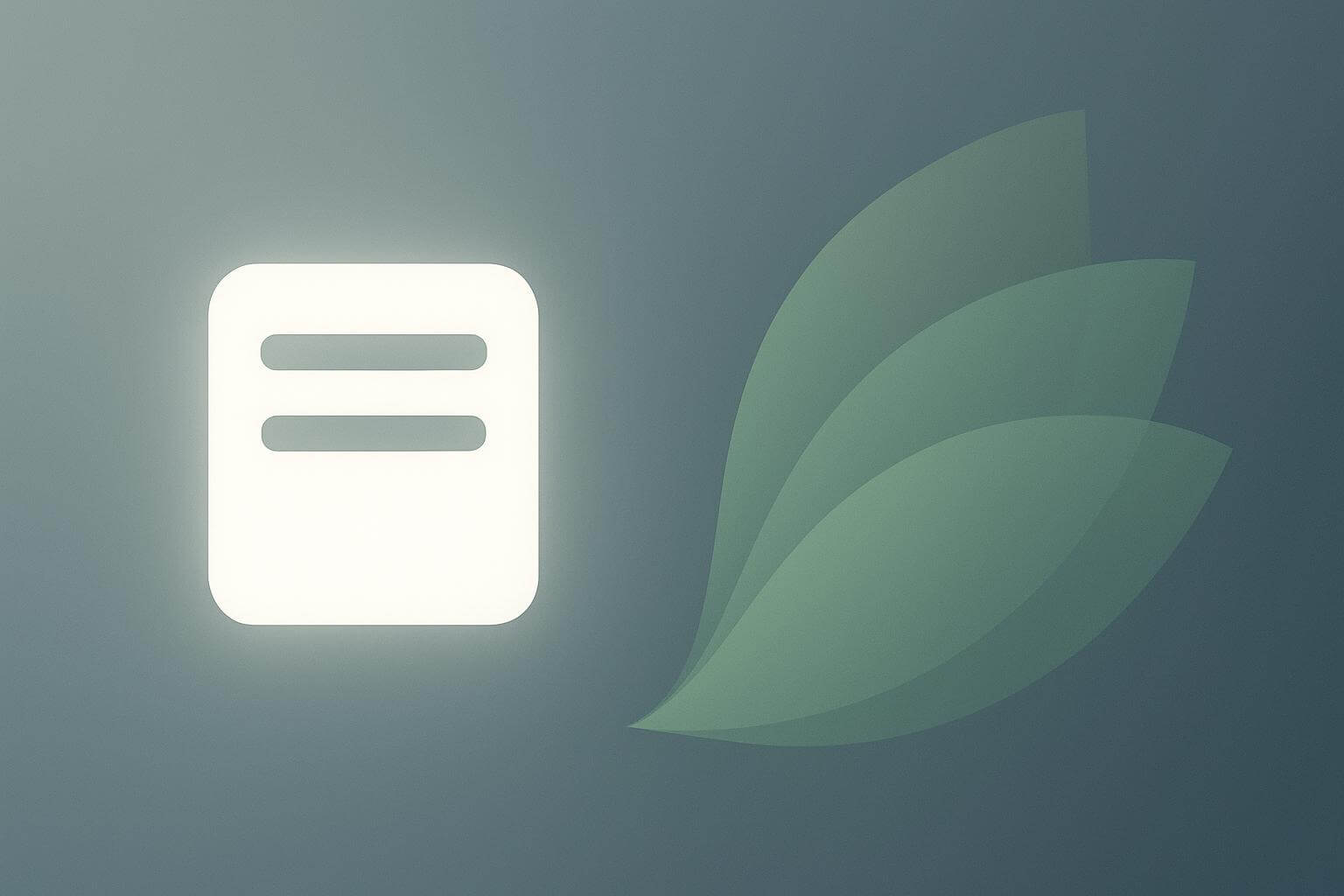 A glowing white rounded square with two horizontal lines beside three overlapping green leaf shapes on a gray background.