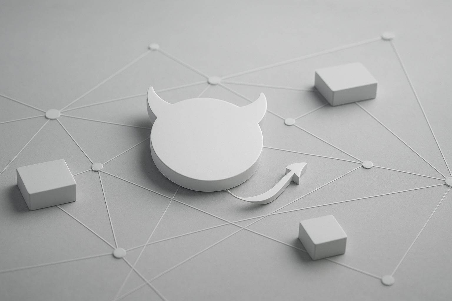 A white 3D shape with horns and a tail is placed on a network of connected circles and cubes.