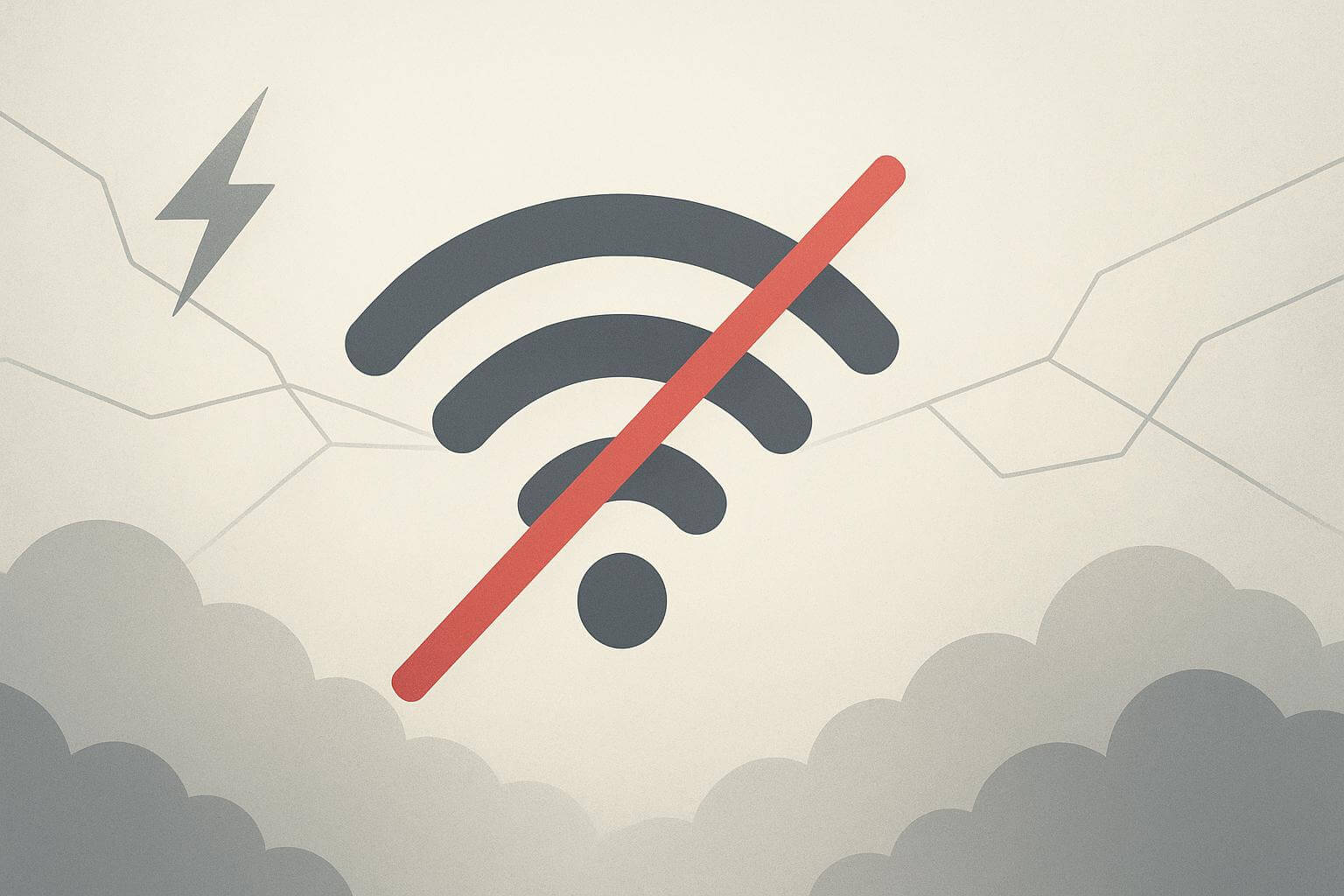 A large Wi-Fi symbol is crossed out with a red line, with clouds and a lightning bolt in the background.