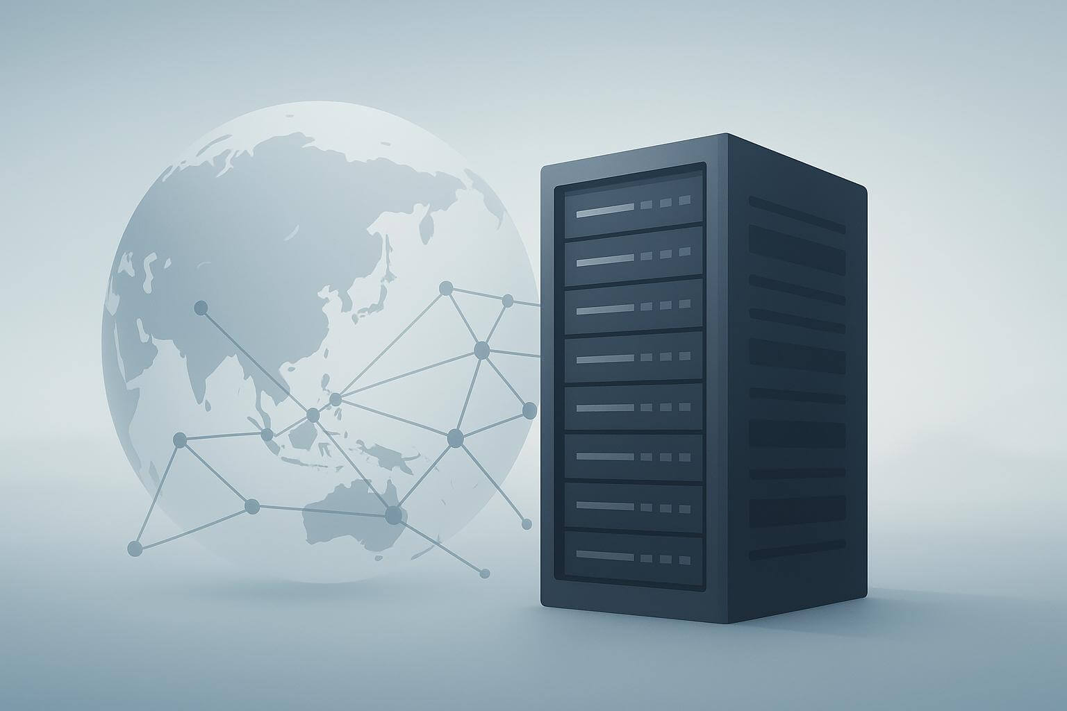 A large dark server tower stands beside a globe with network lines and dots connecting different regions.