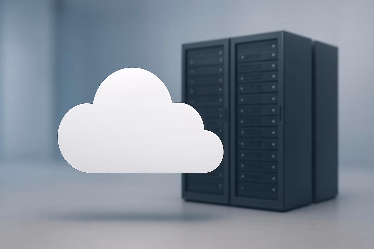 A large white cloud icon floats in front of two dark server racks in a minimal, softly lit room.
