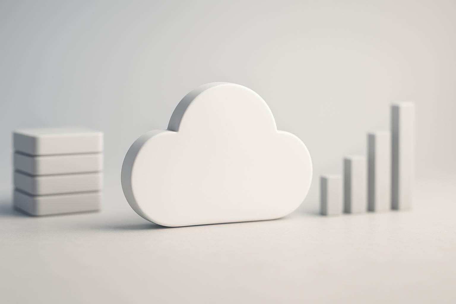 A white cloud shape is centered between a stack of square blocks and four ascending vertical bars on a light background.