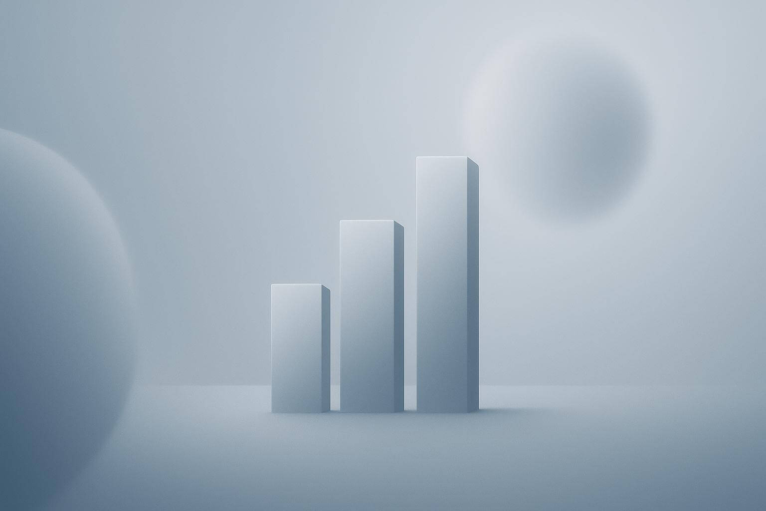 Three rectangular columns of increasing height stand on a flat surface with two blurred spheres in the background.