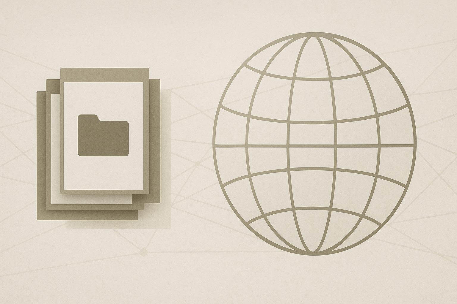Three stacked papers with a folder icon are next to a wireframe globe on a beige background with faint lines.