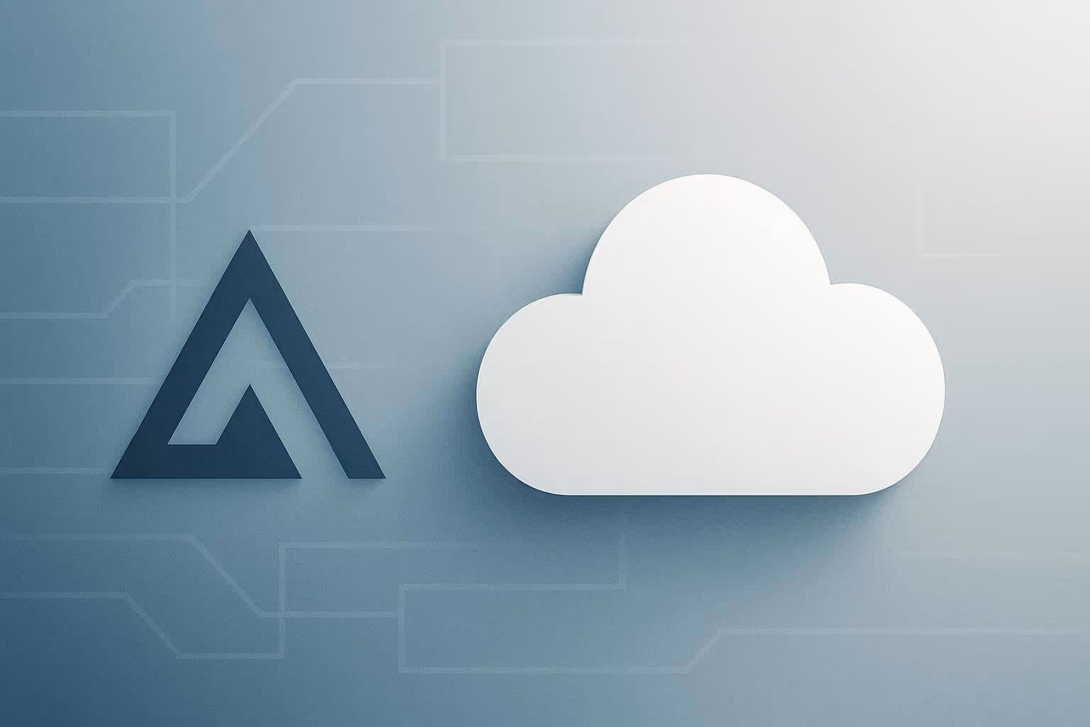 A dark geometric triangle shape and a white cloud icon are side by side on a gradient background.