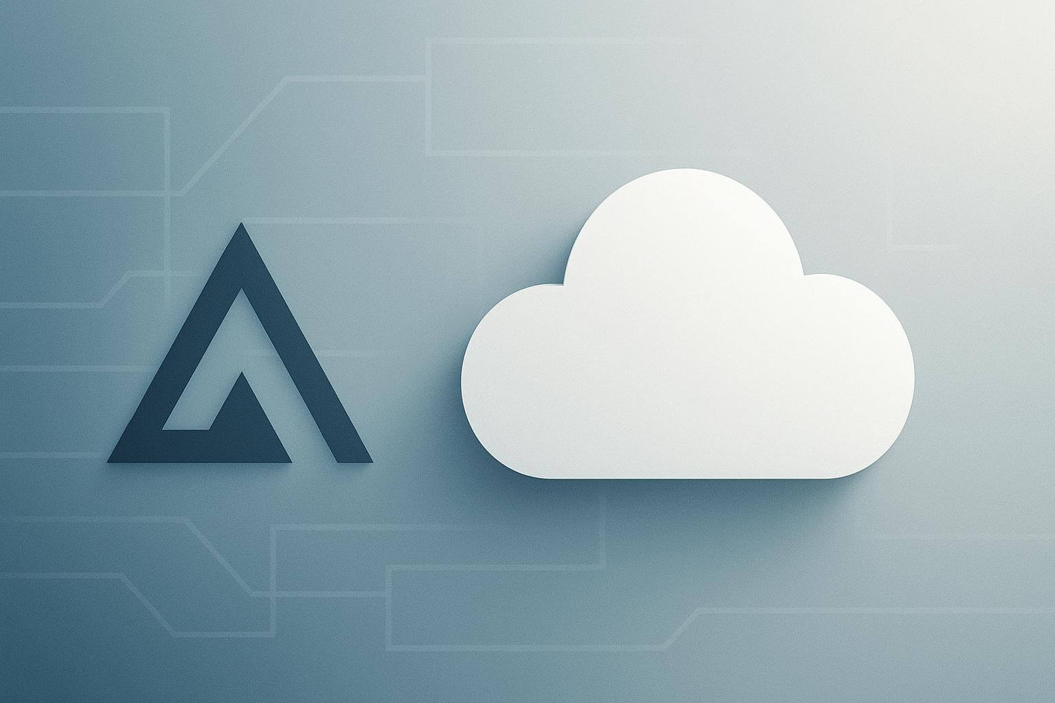 A dark geometric triangle shape and a white cloud icon are side by side on a gradient background.