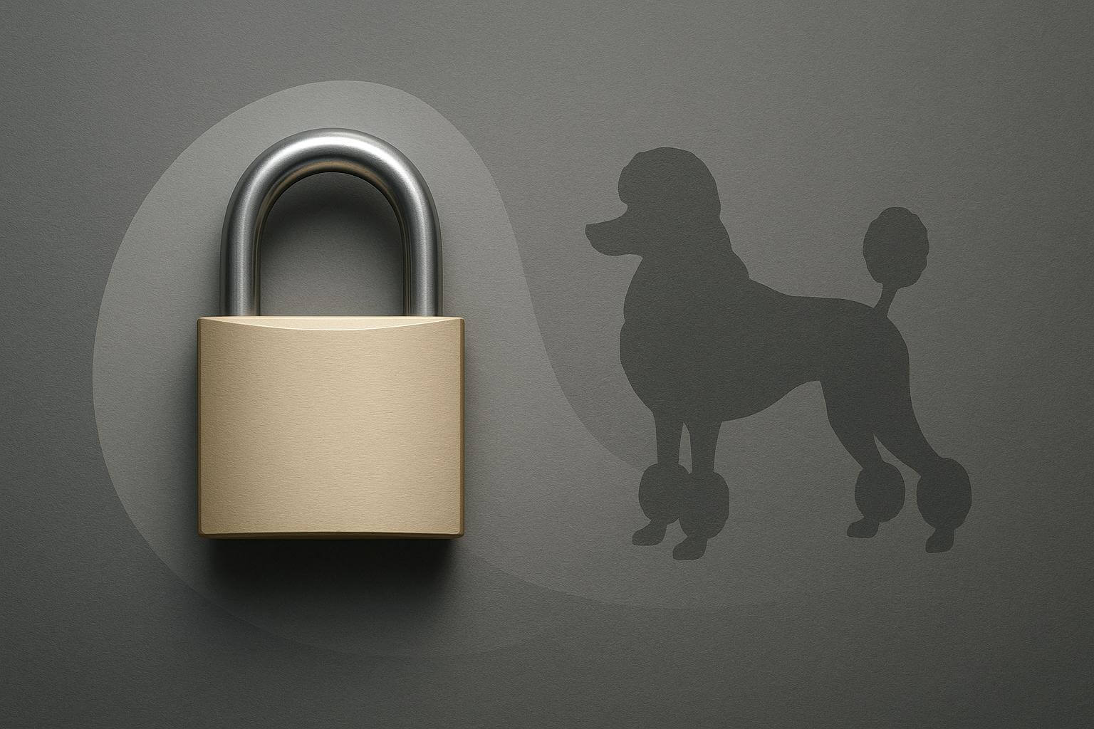 A gold padlock is placed next to a dark silhouette of a poodle on a gray background.