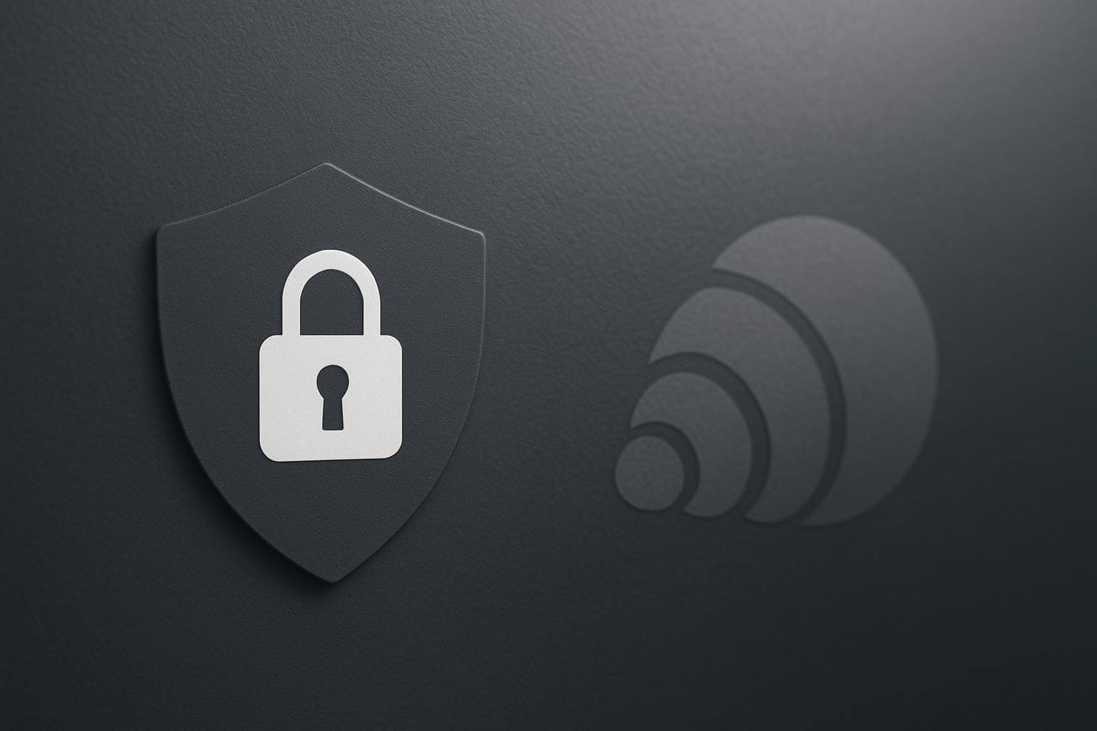 A gray shield with a white padlock symbol appears next to a set of curved, abstract shapes on a dark background.
