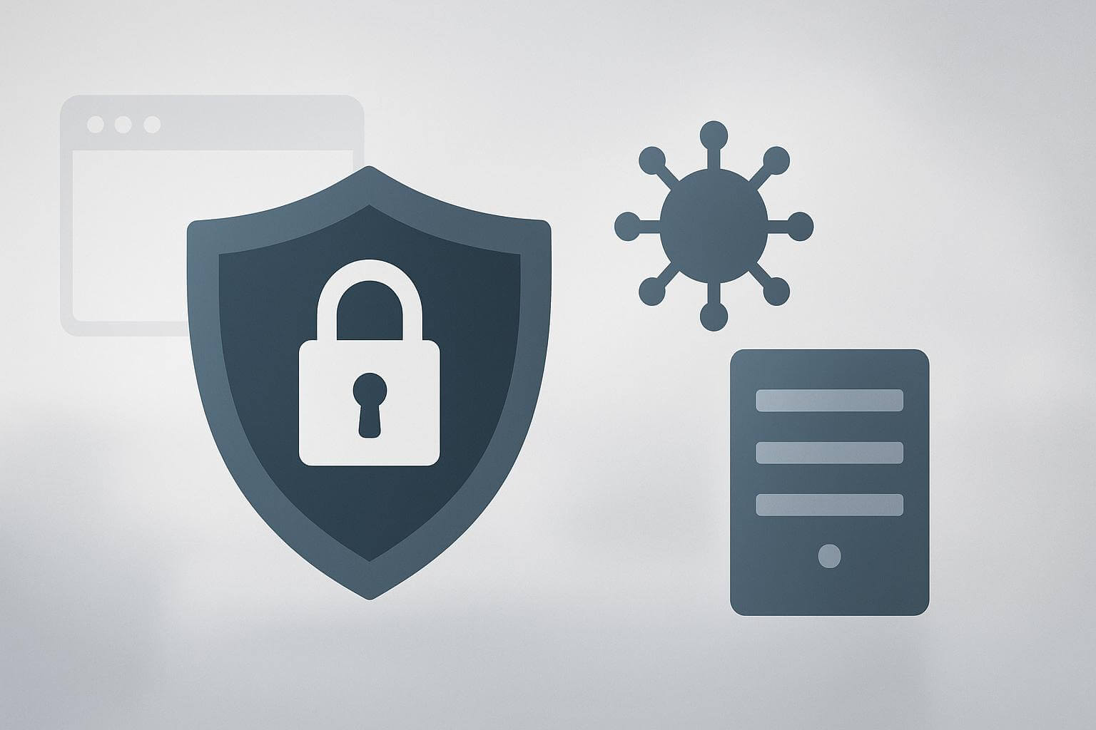 Four flat icons: a browser window, a shield with a padlock, a spiked circle, and a server on a light background.