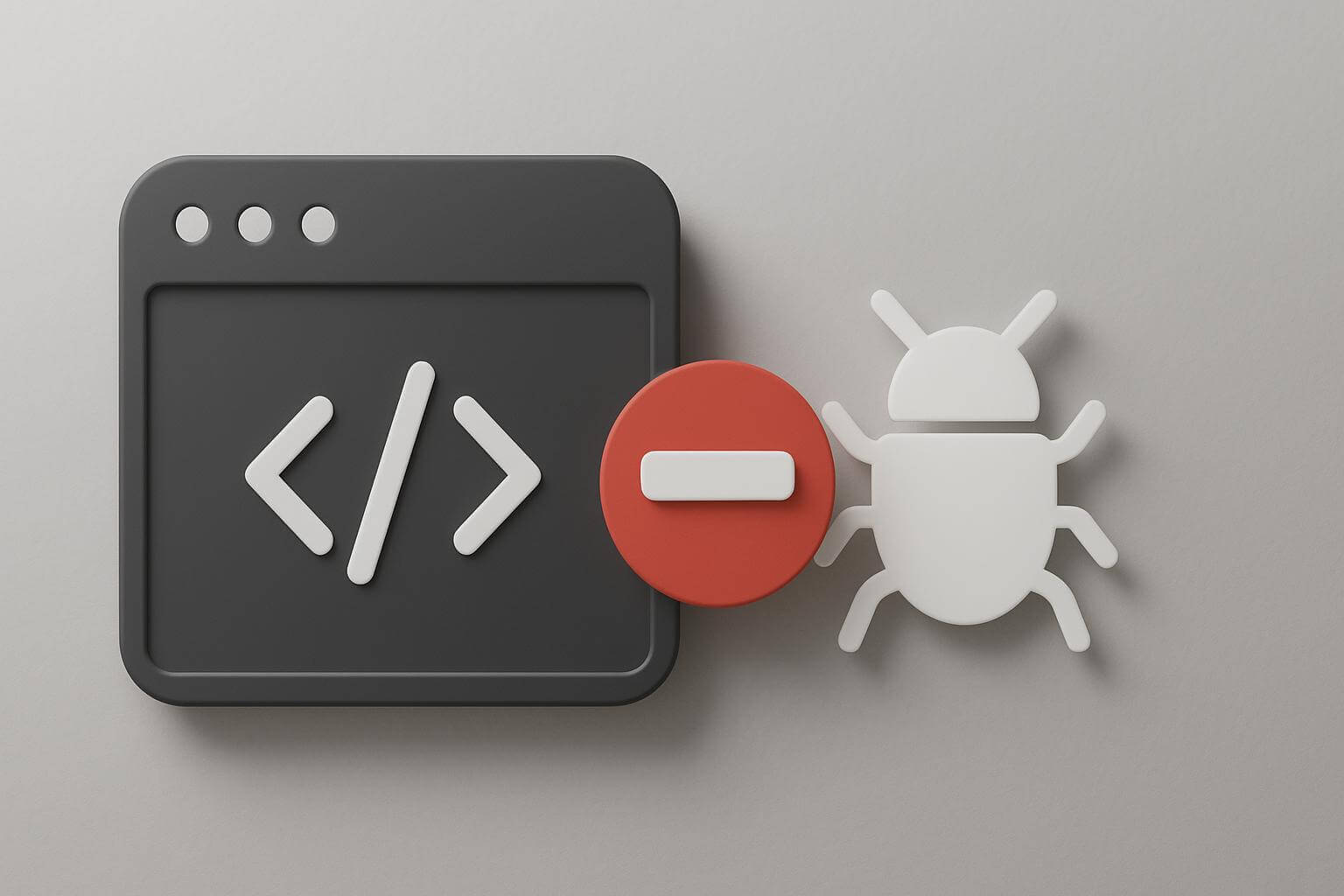 A black window with code brackets sits beside a red minus sign and a white bug icon on a gray background.