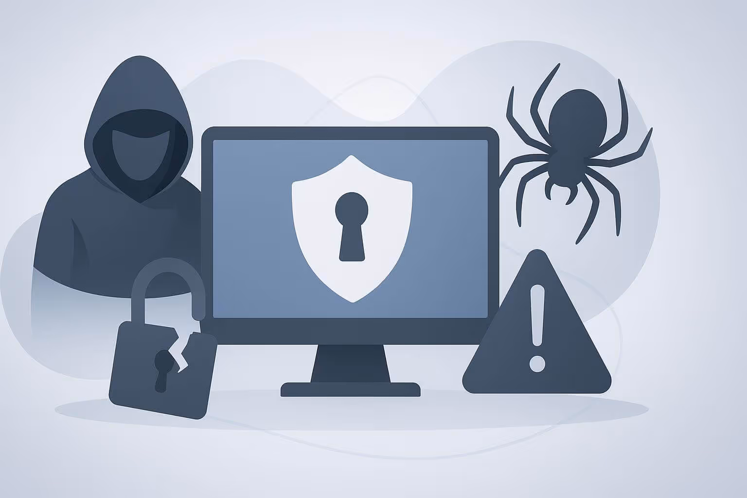 A hooded figure, a computer monitor with a shield, a broken padlock, a spider, and a warning sign are shown.