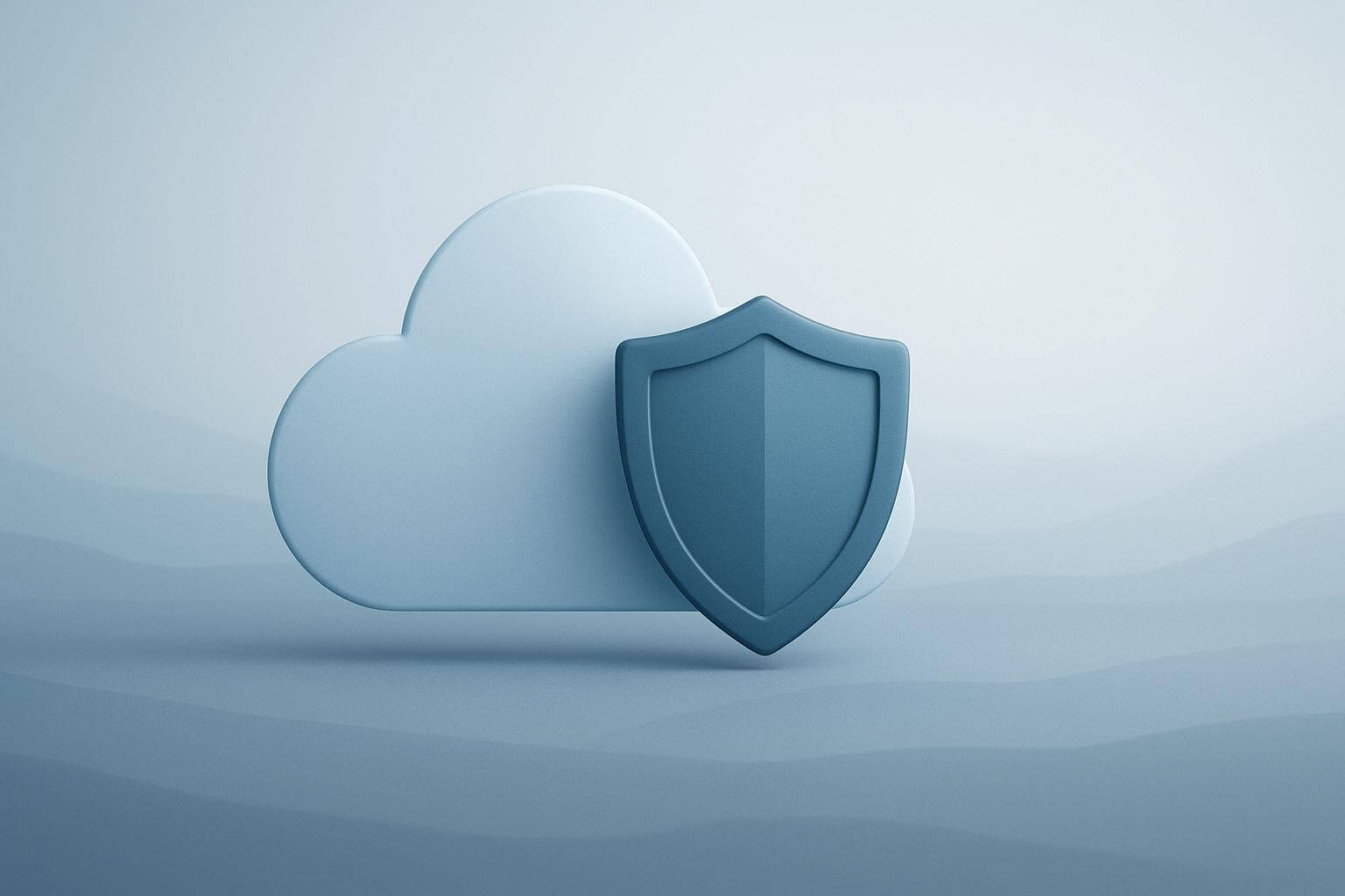 A blue cloud shape with a shield in front of it on a light blue gradient background.