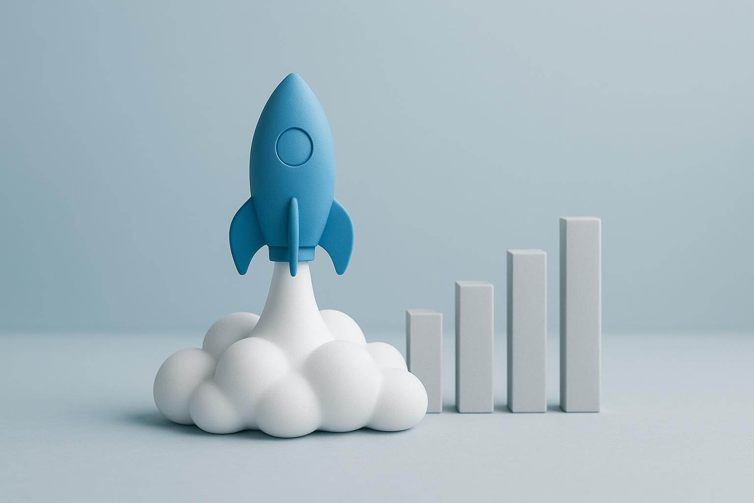 A blue rocket with smoke below it stands next to four upright rectangular bars of increasing height.