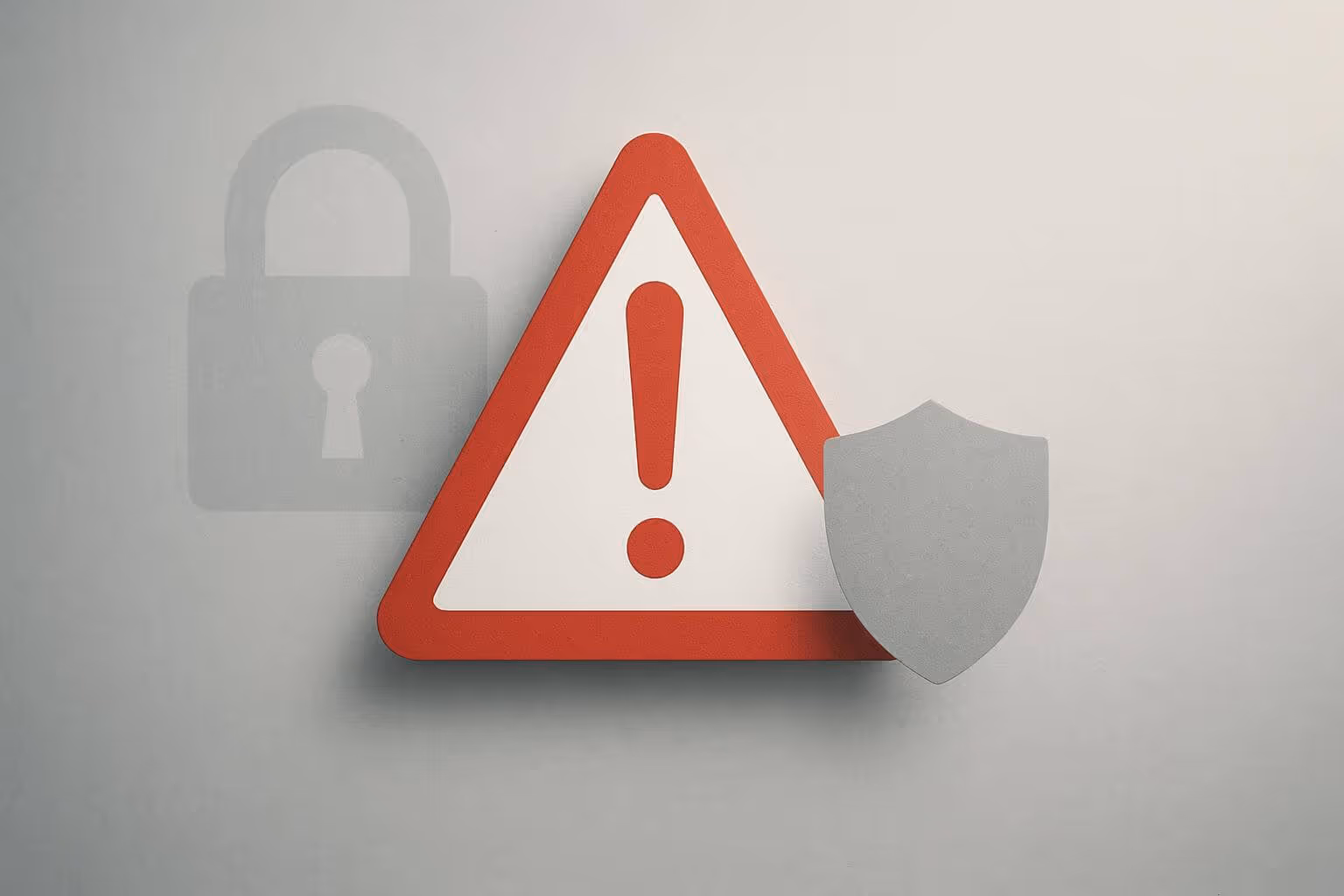 A red and white warning triangle with an exclamation mark, a gray shield, and a faint padlock symbol in the background.